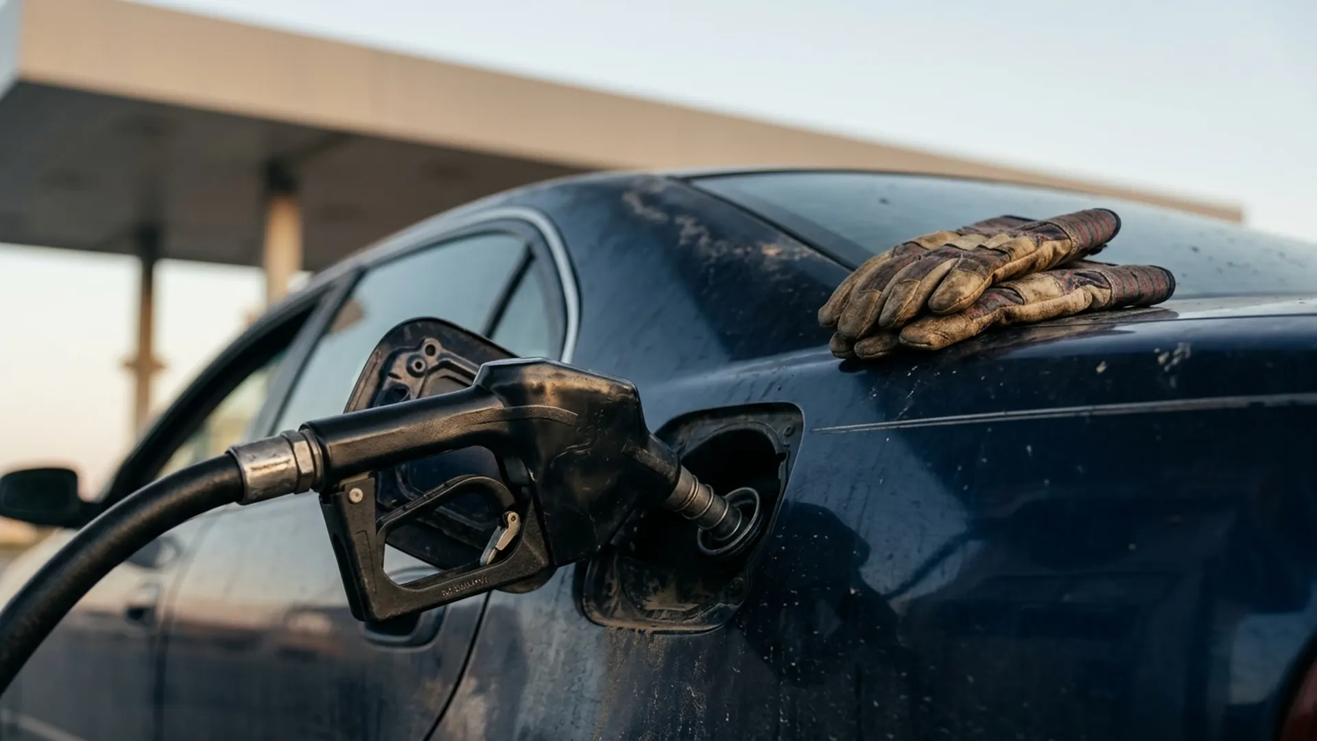 A fuel nozzle fills a car beside worn work gloves, with a gas-station canopy blurred in the background.