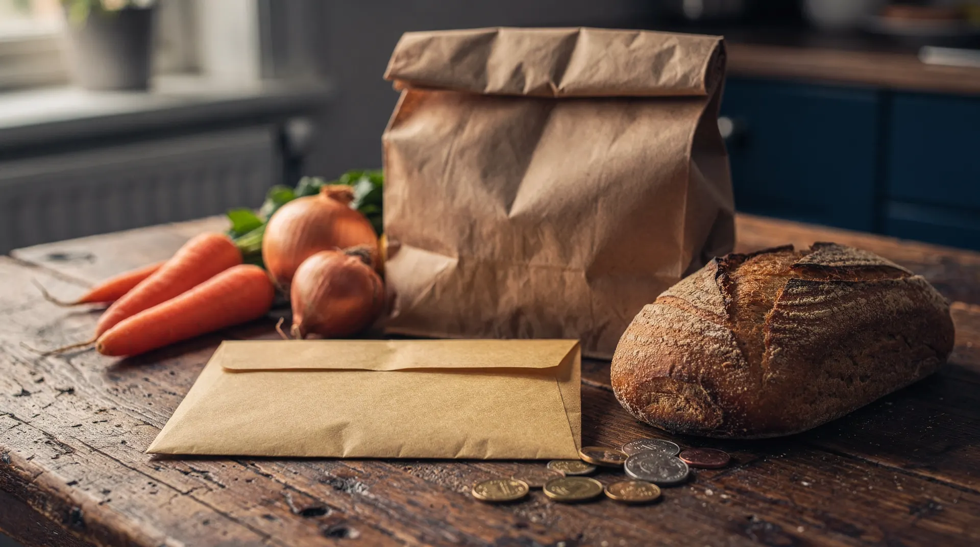 An unmarked envelope lies beside a grocery bag, vegetables, bread, and coins on a kitchen table.