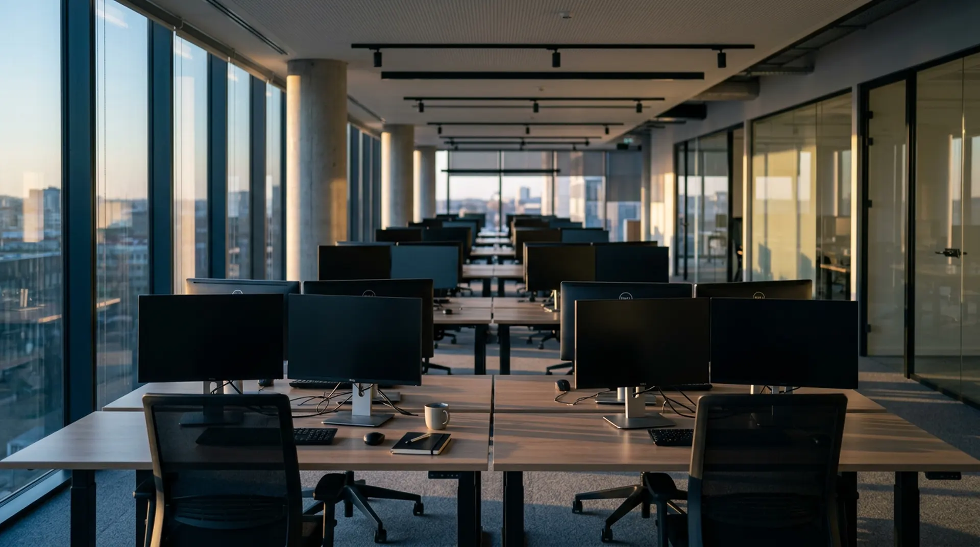 Empty office desks at dawn with soft morning light
