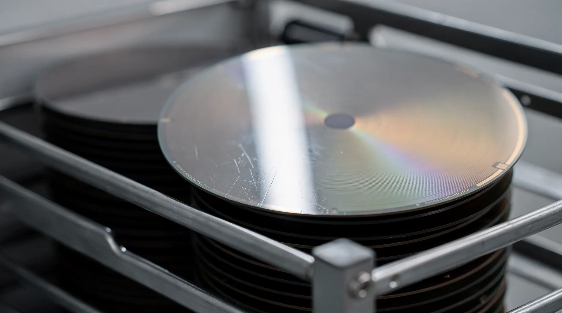 A semiconductor wafer catches the light while neighboring wafers recede into shadow.