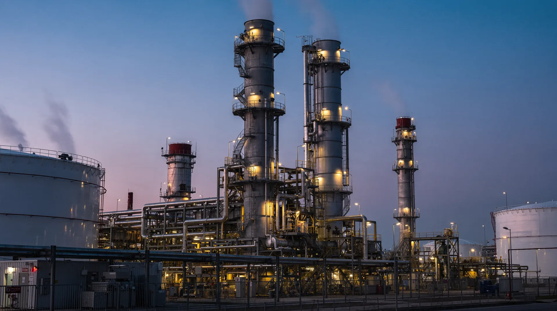 Refinery distillation towers and storage tanks stand under warm lights at dusk.