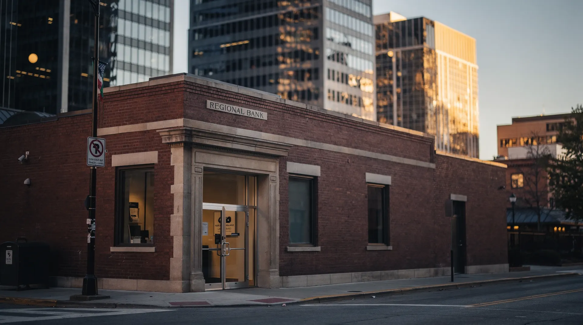 An unmarked brick bank branch sits in shadow, with sunlit glass office towers in the distance.