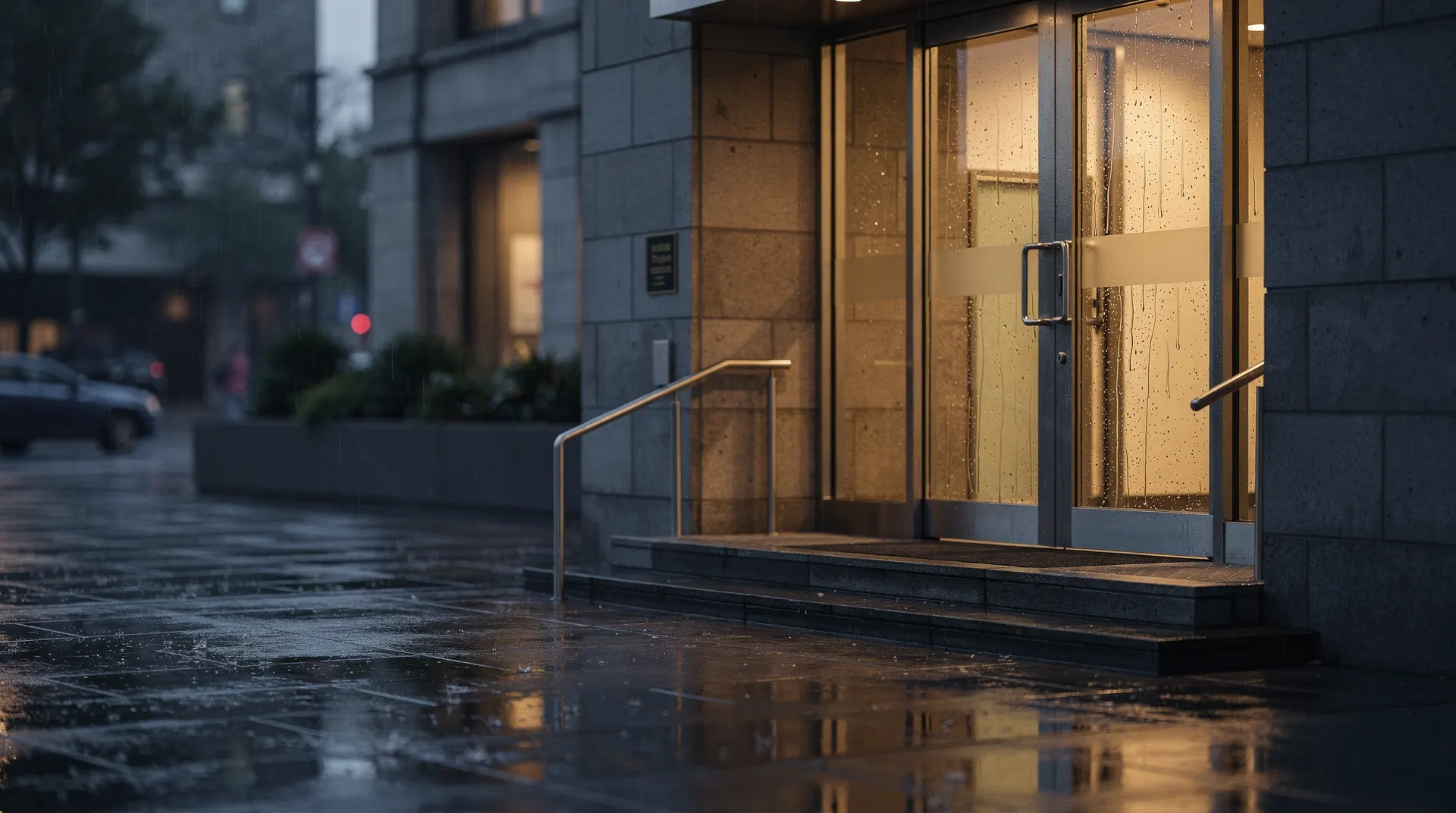 Morning light falls on an unmarked bank entrance and rain-darkened pavement.