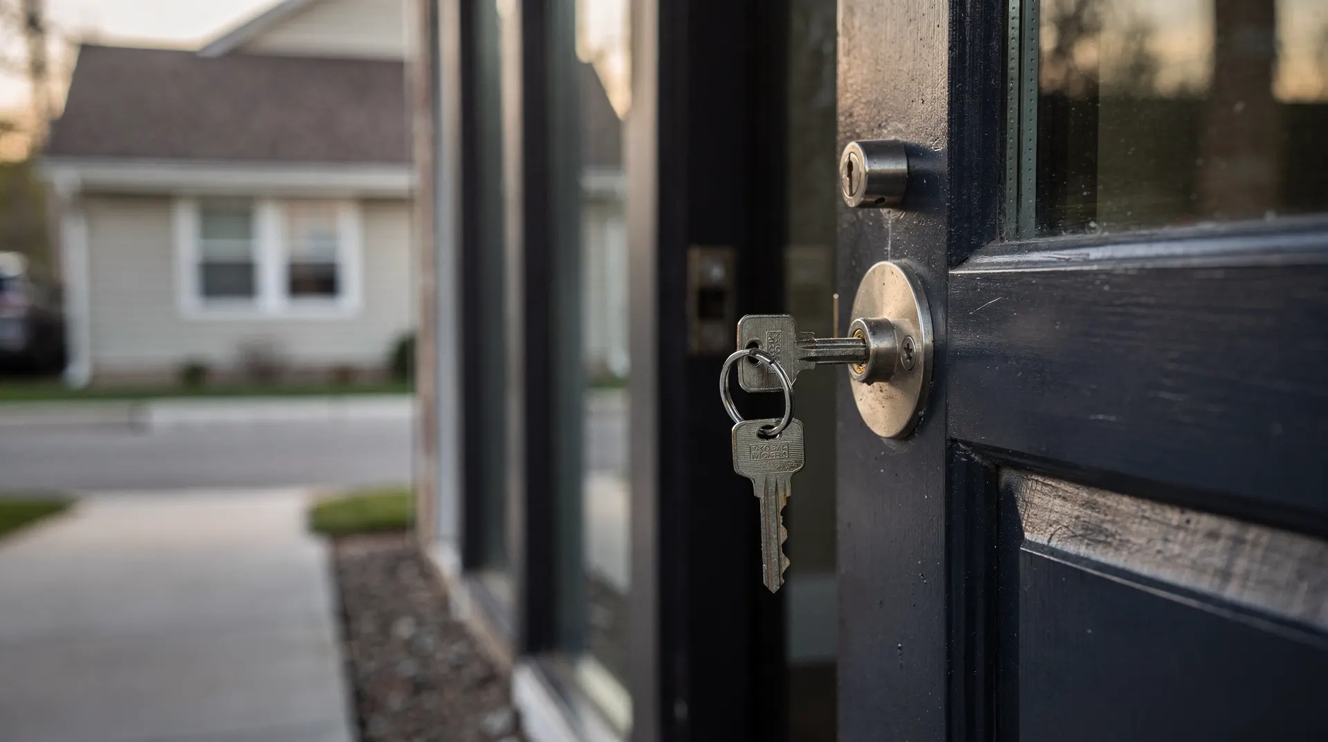 A key sits in an apartment door lock, with a single-family home softly visible across the street.