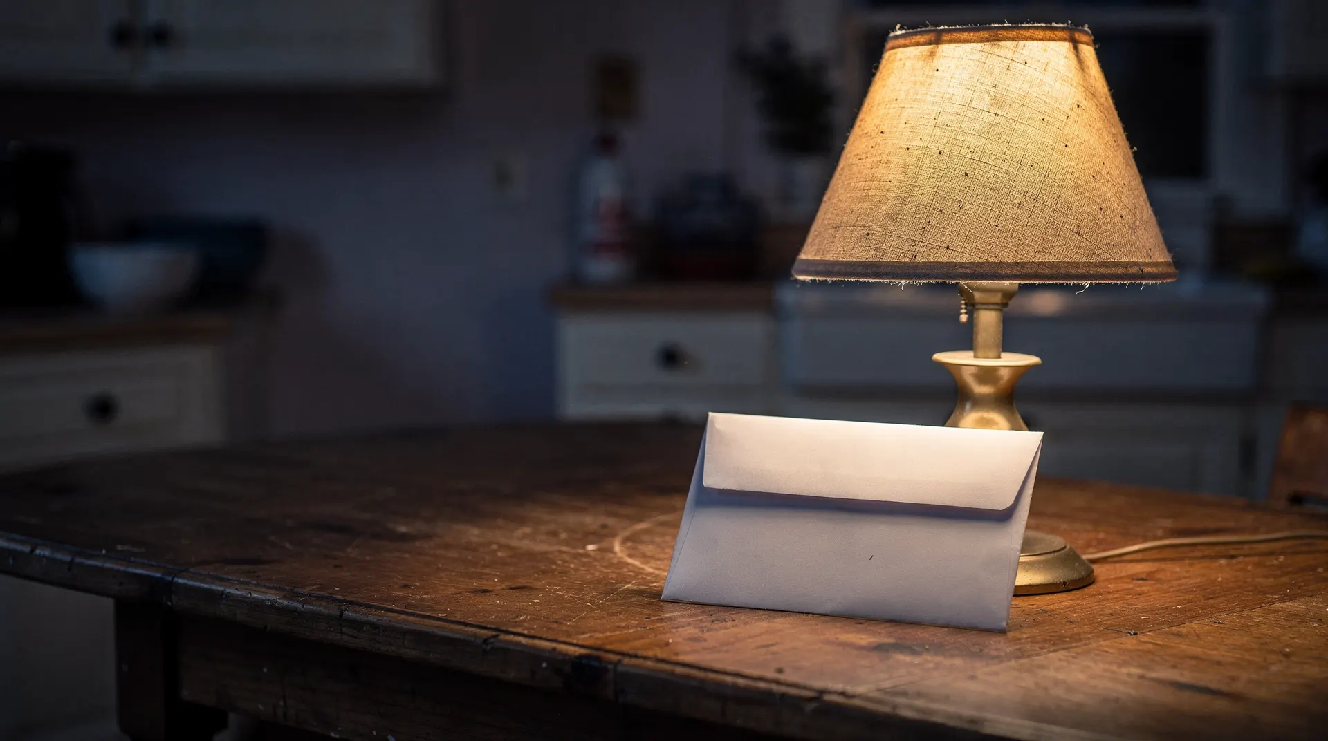 A lit table lamp casts warm light over a sealed envelope on a kitchen table at dusk.