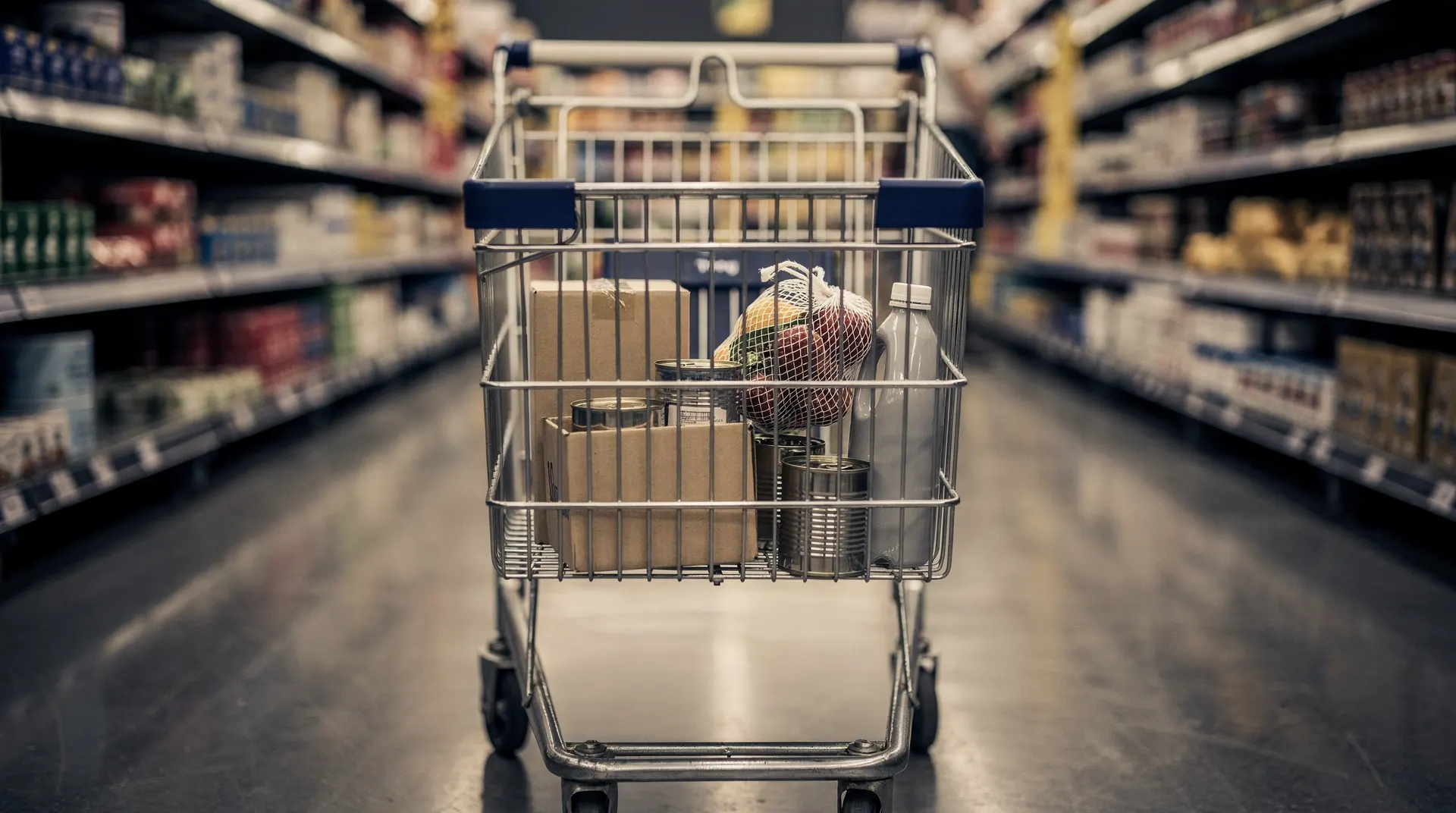 A shopping cart with a few groceries stands in a stocked supermarket aisle.