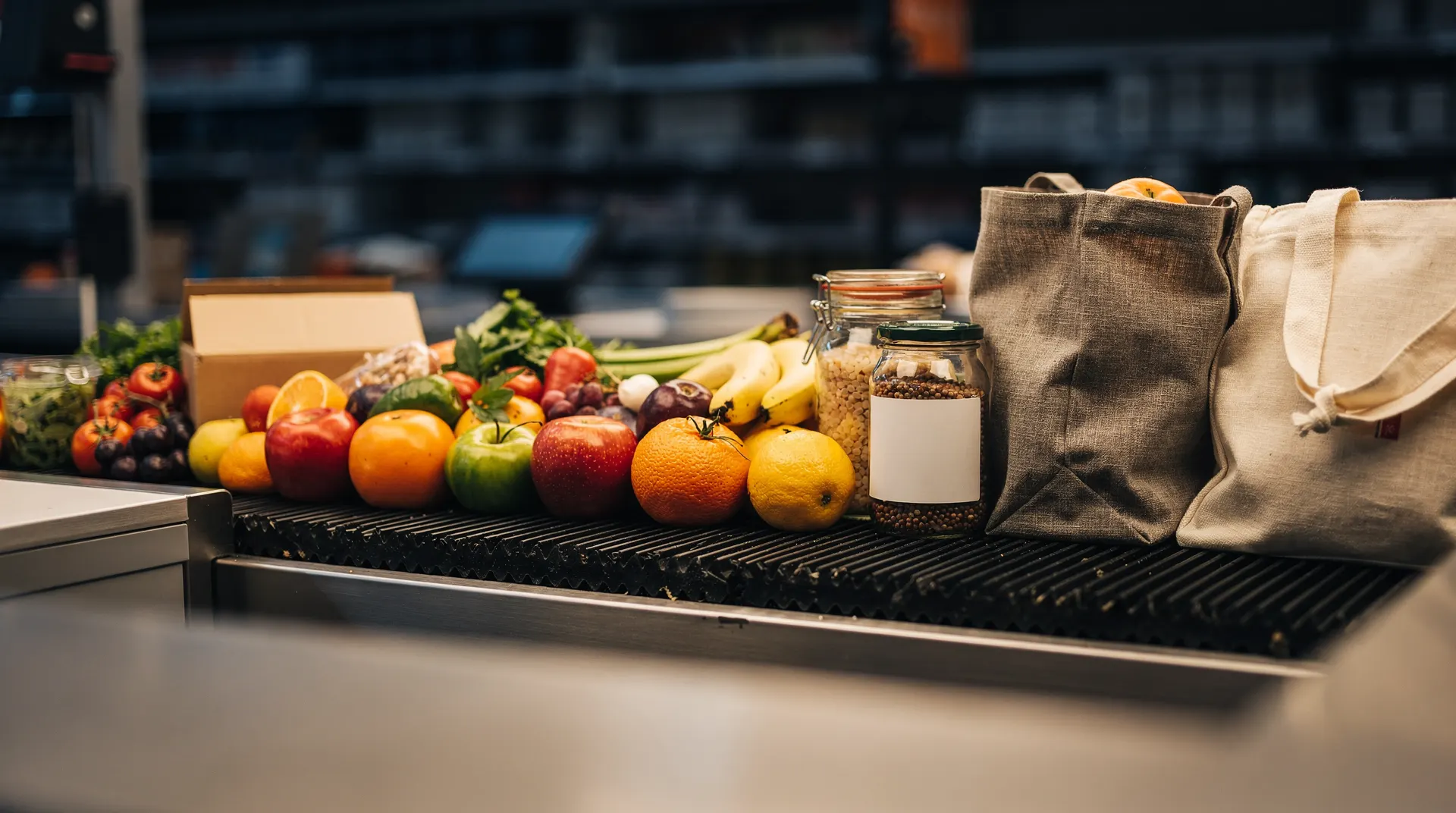 A shopping cart stands beside neatly stocked fruit and vegetables in a supermarket produce aisle.