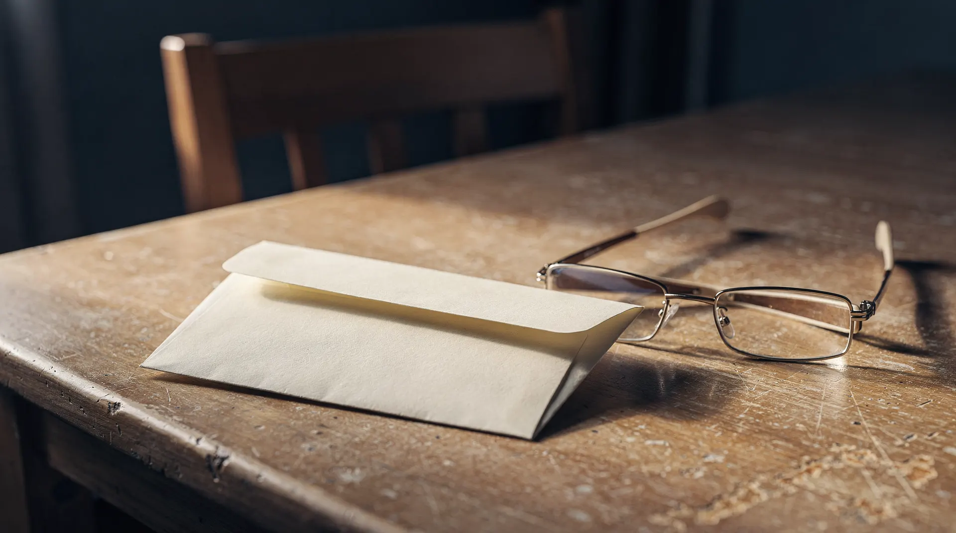 An unmarked envelope and reading glasses rest on a kitchen table beside an empty chair.