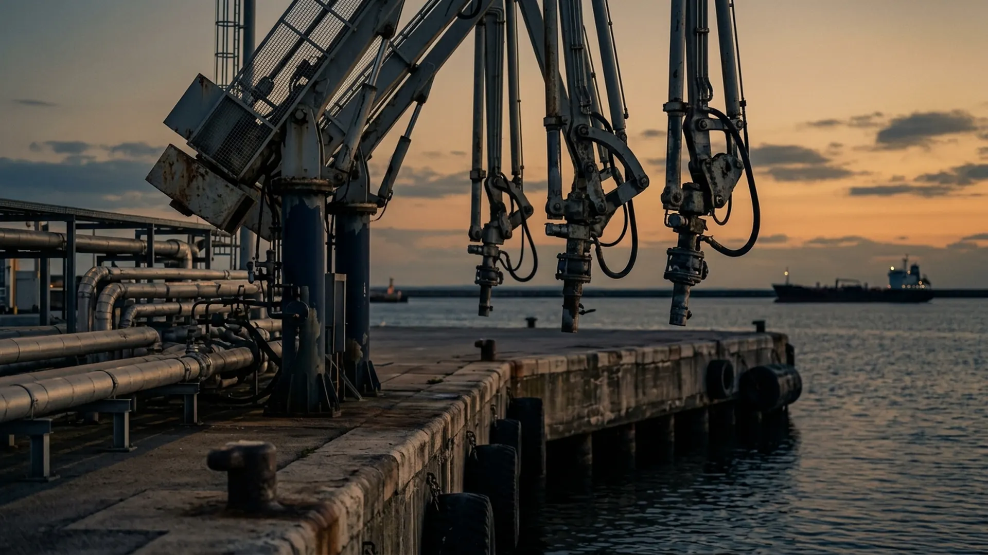 Diesel-loading arms hang over an empty port berth while a tanker sits far offshore at dusk.