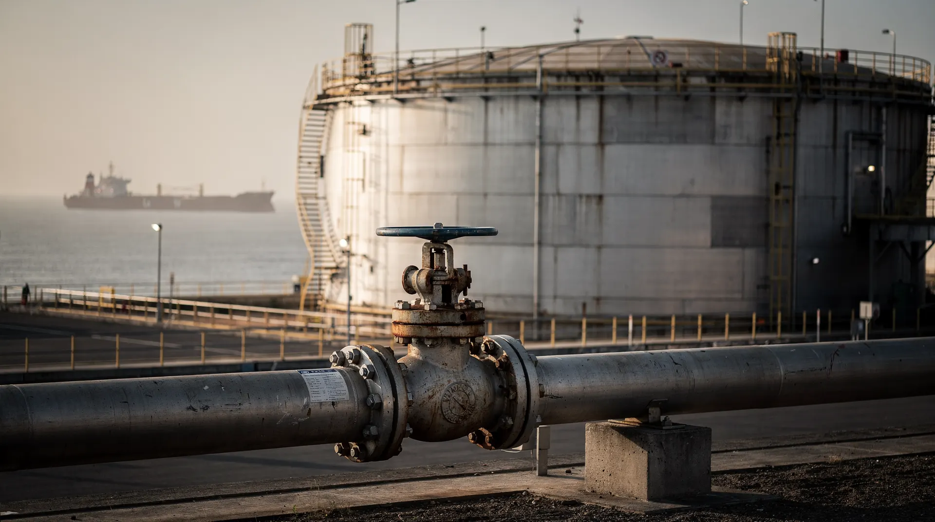 Diesel storage tanks and a closed pipeline valve at an export terminal, with a tanker in the distance.