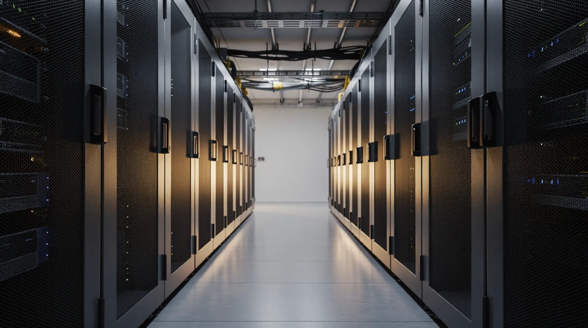Two unbranded server cabinets stand beside a softly lit data-center aisle.