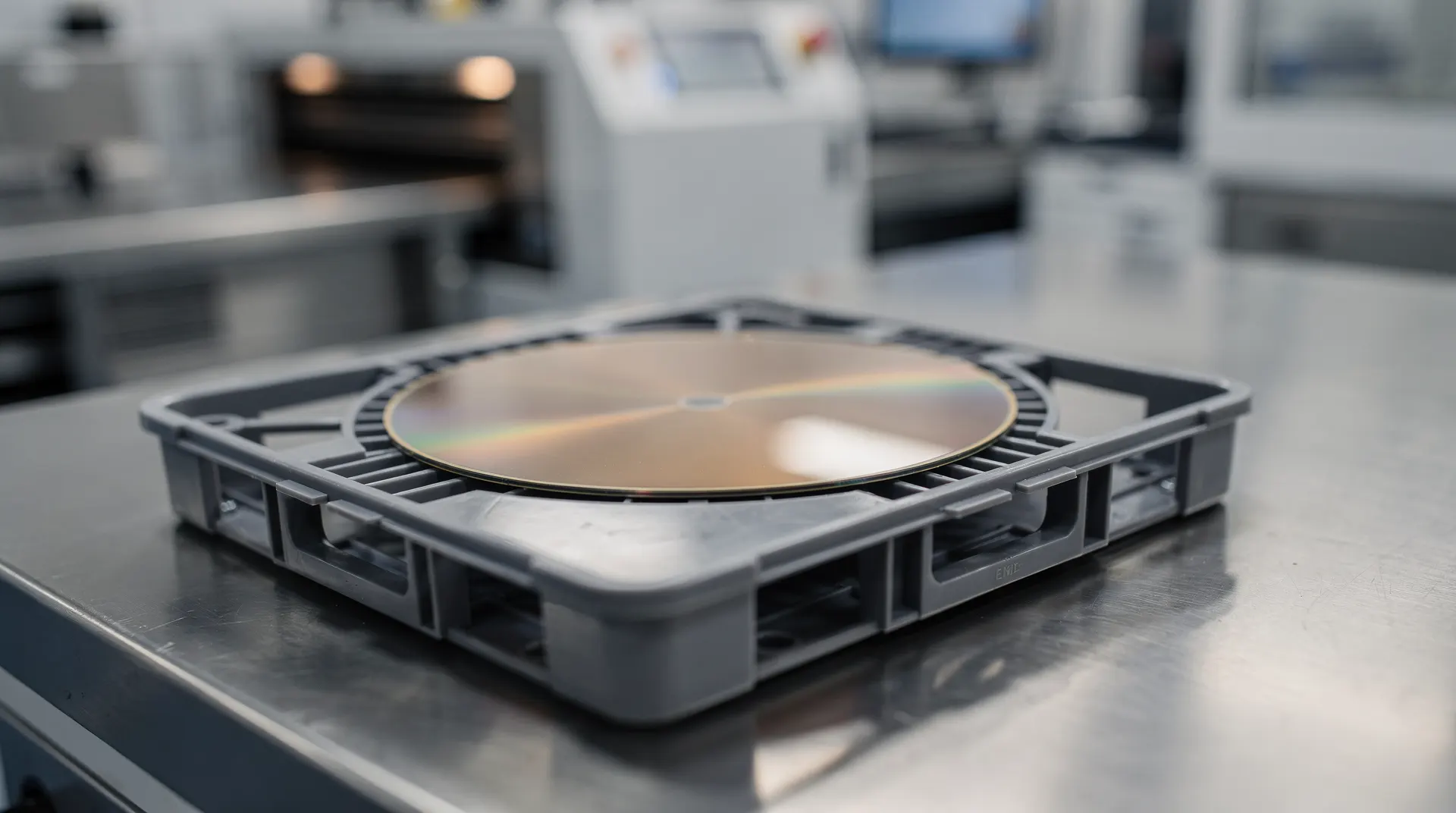 A silicon wafer rests in a carrier, with cleanroom machinery softly blurred behind it.