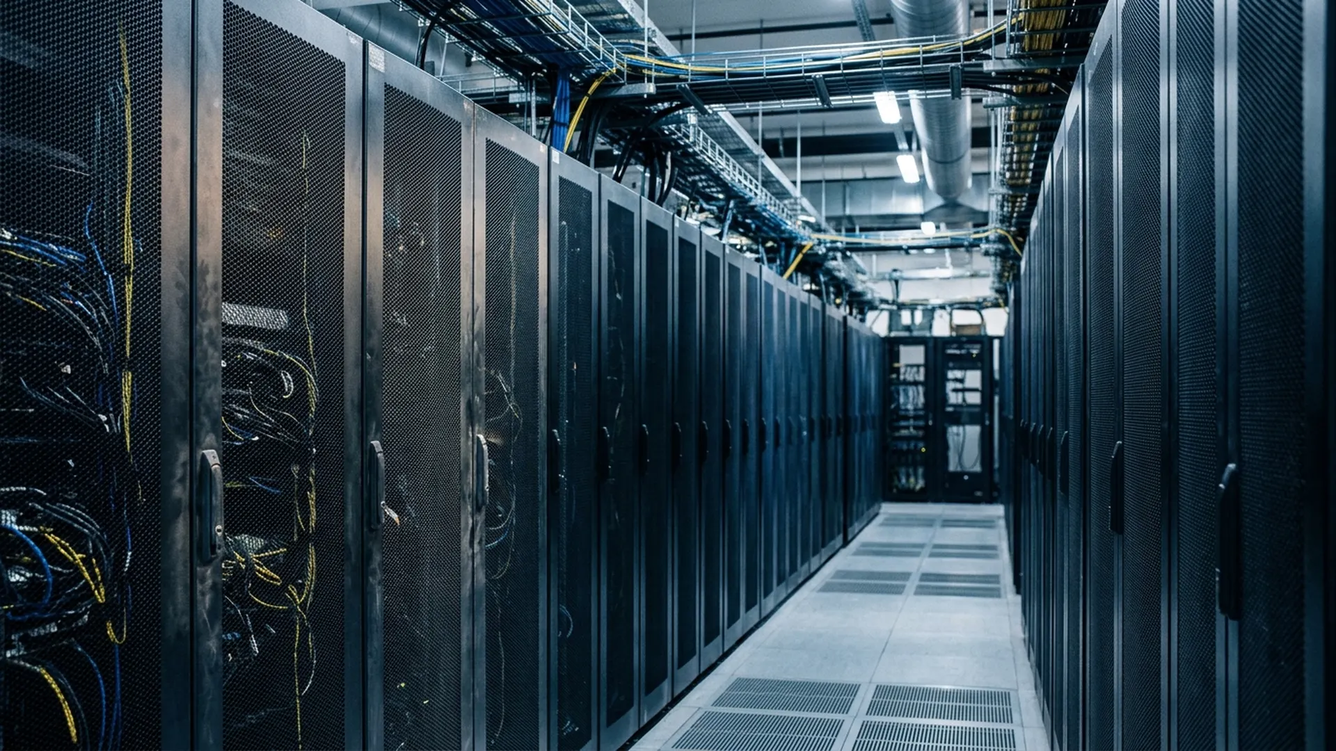 Closed server racks recede down a blue-lit data-center aisle.