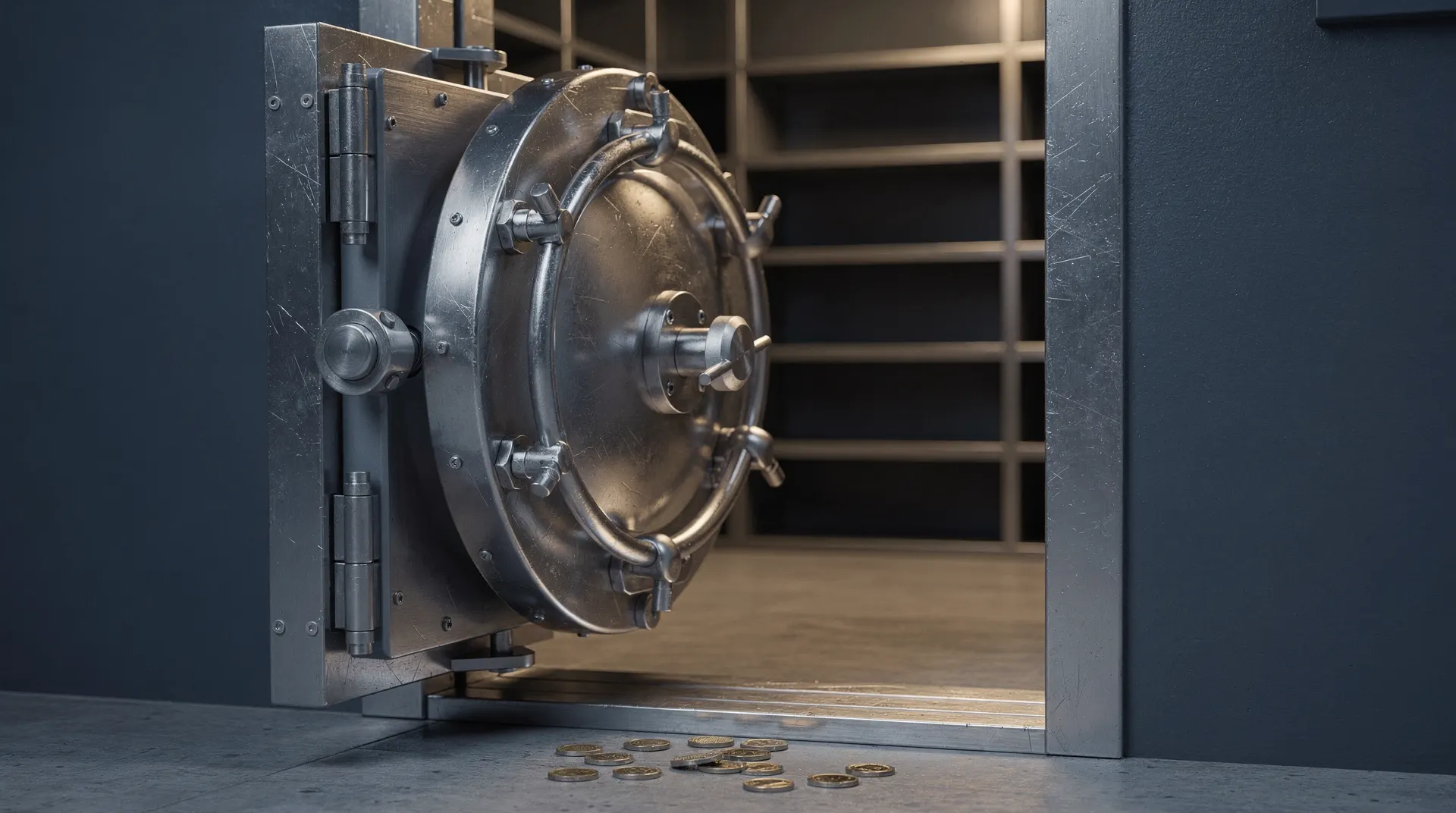 An open bank vault door with a few loose coins at its threshold.
