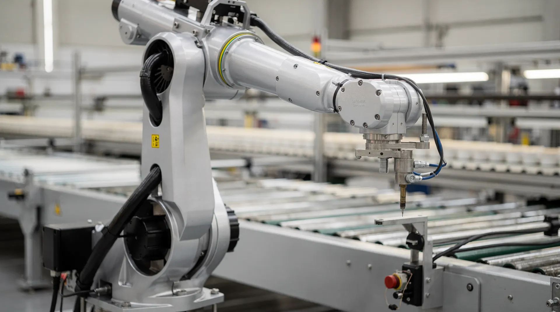Industrial robotic arm working beside a factory conveyor