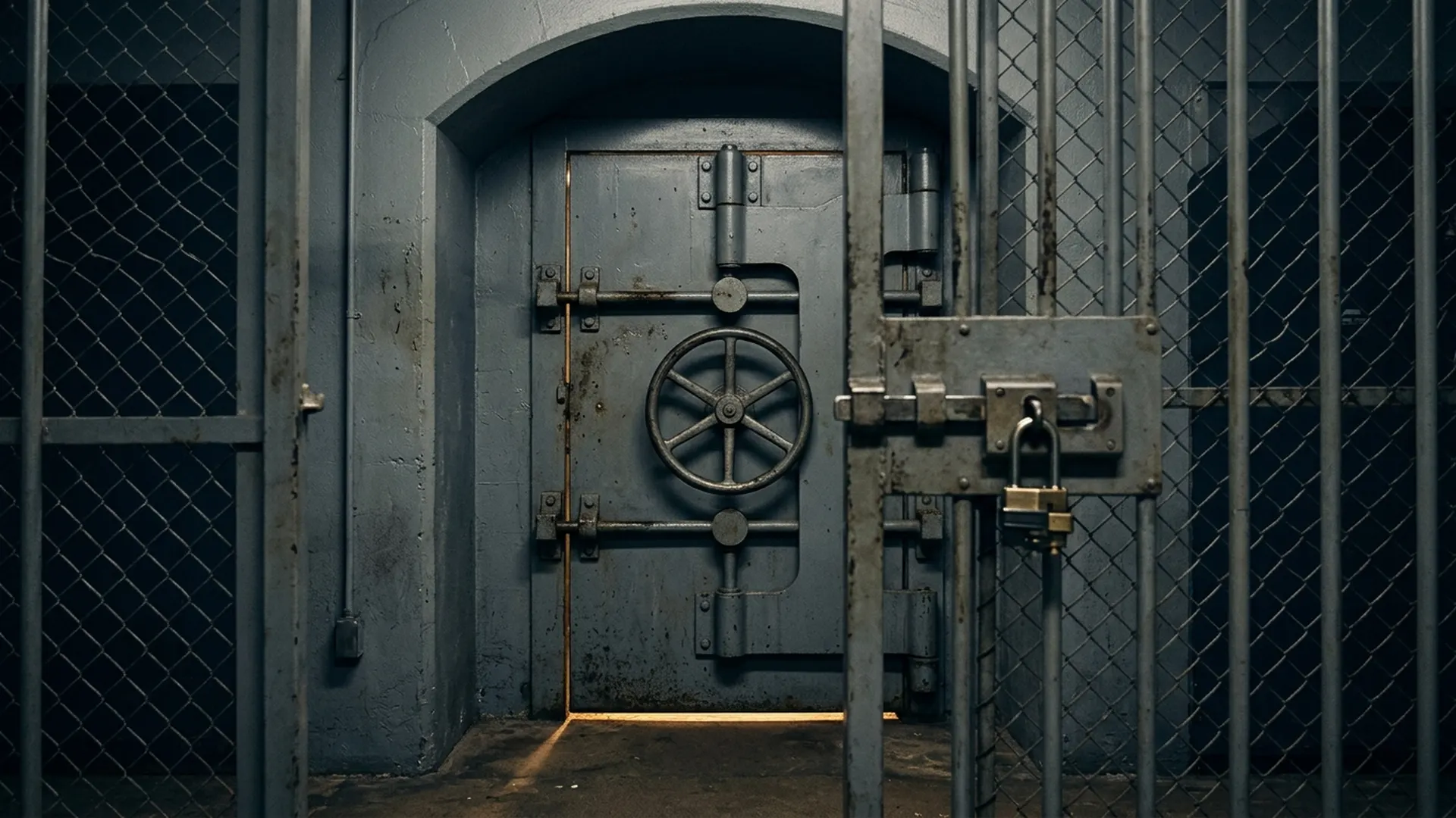 A closed steel vault door sits behind a locked gate, with warm light at its edge.