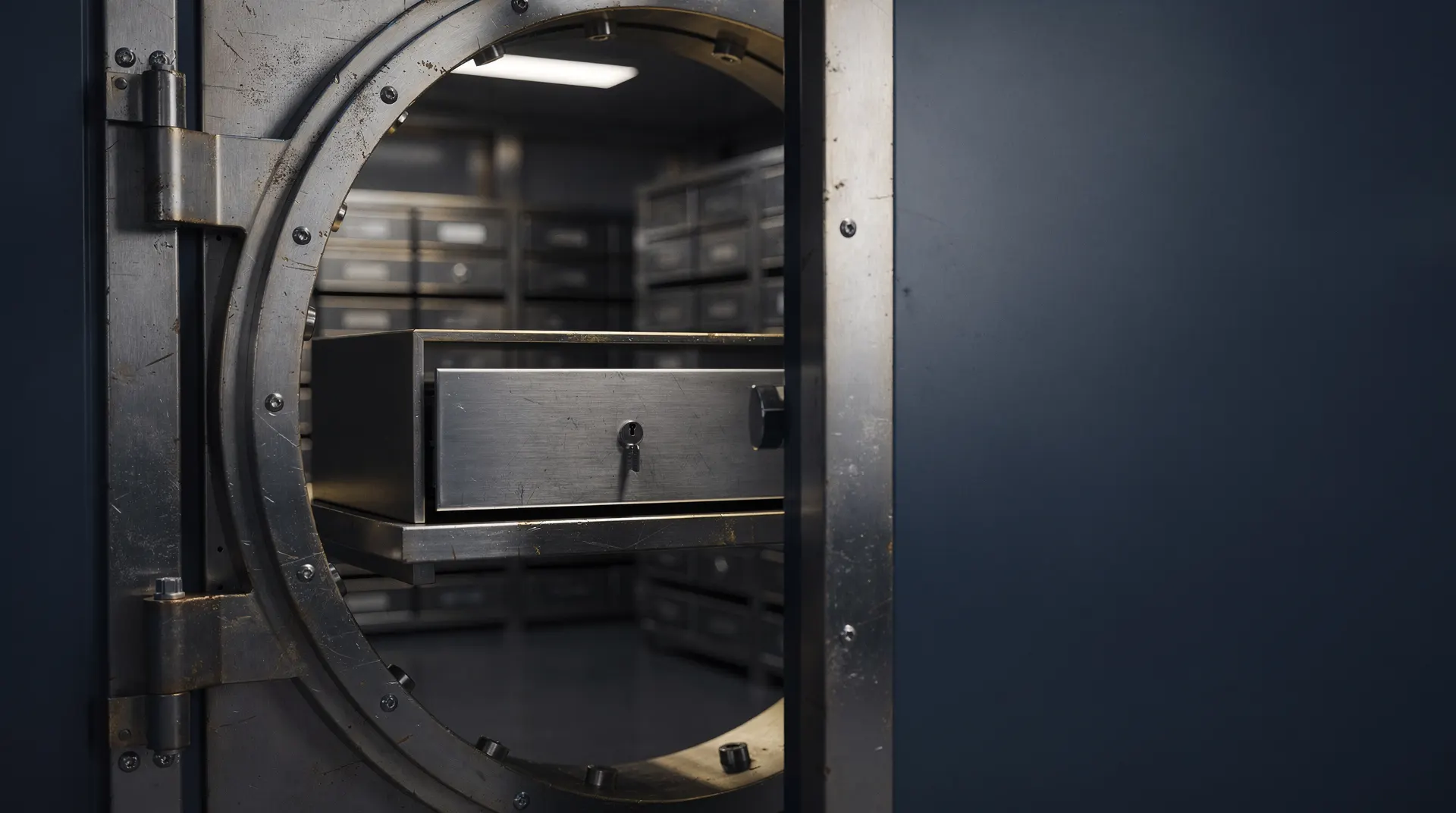 An open steel vault door reveals a plain metal coin resting in a secure tray.