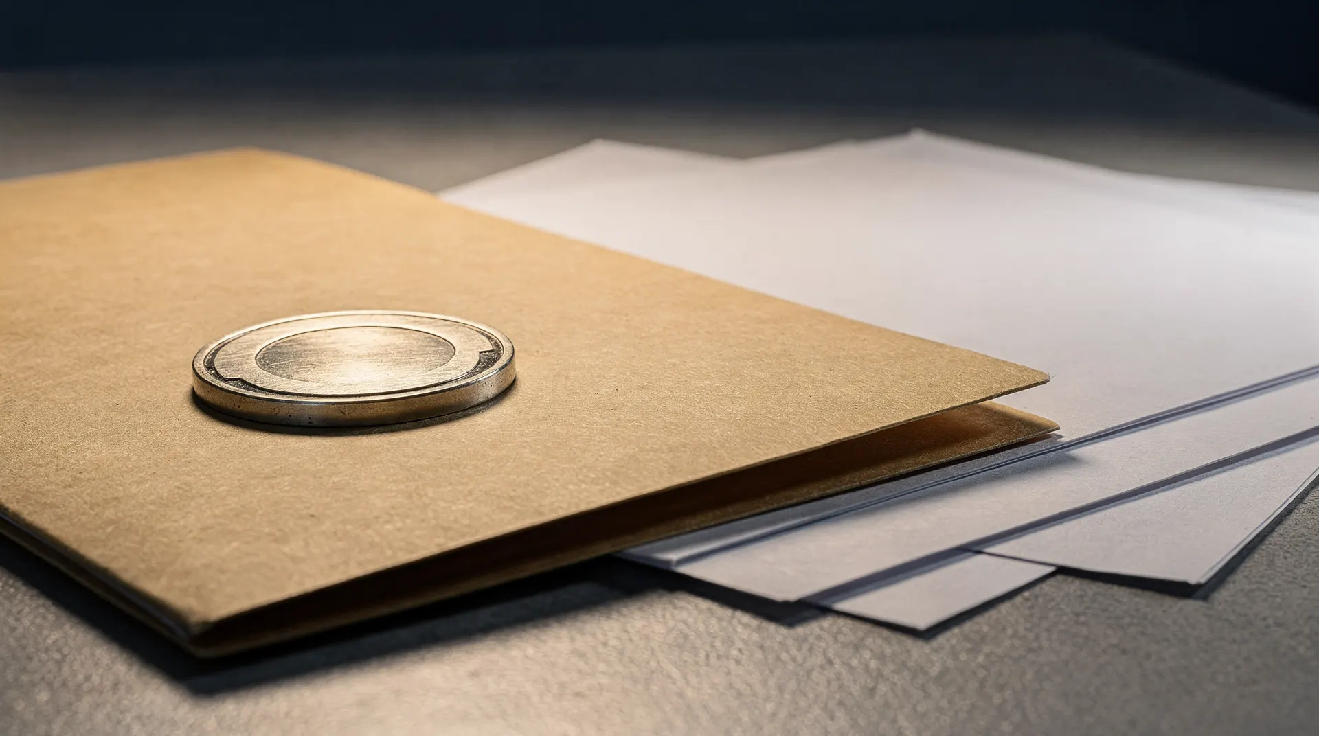 An unmarked metal token rests on a plain filing folder beside blank papers.