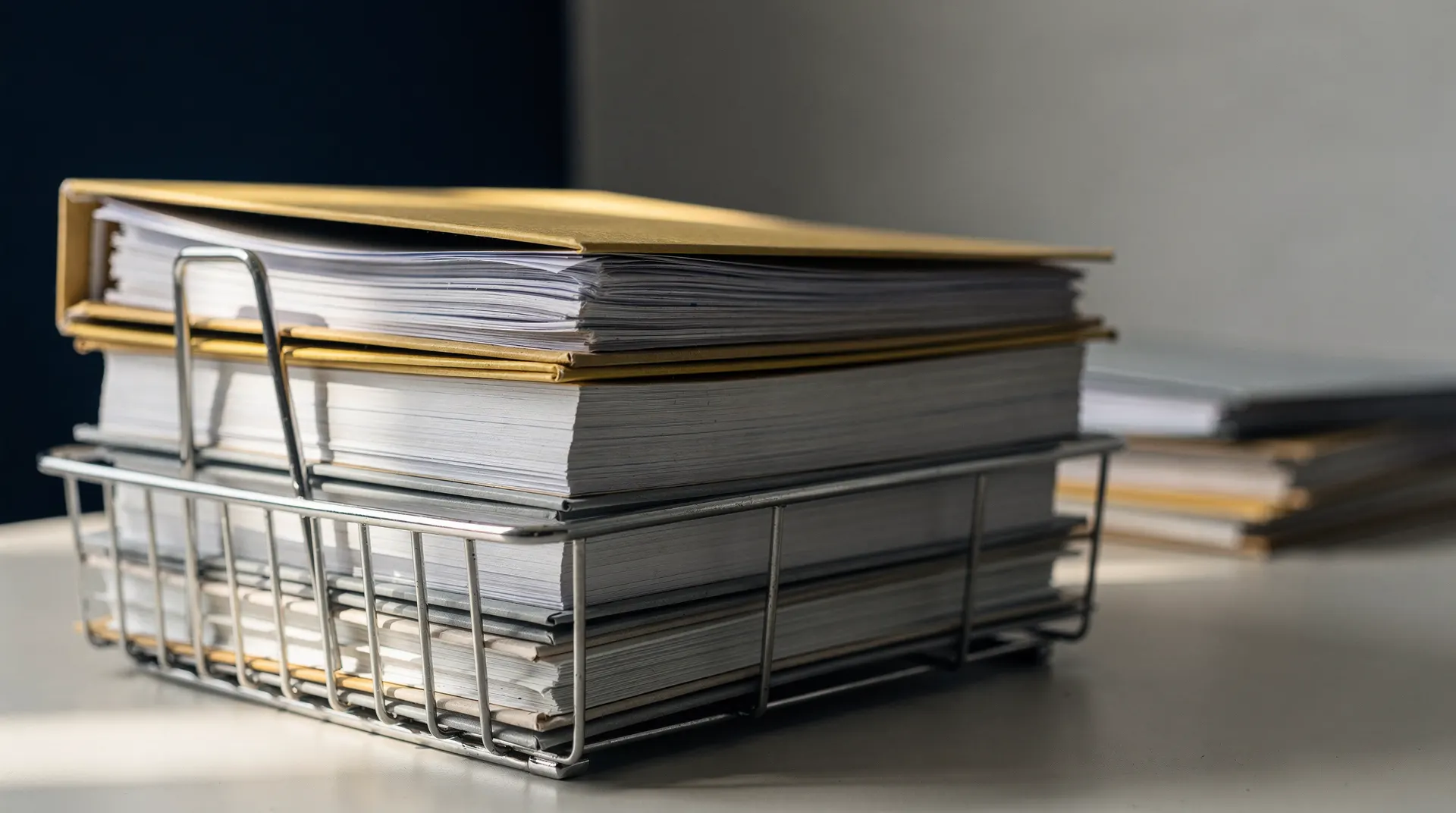 Unmarked filing folders fill an office in-tray, with more folders fading into the background.