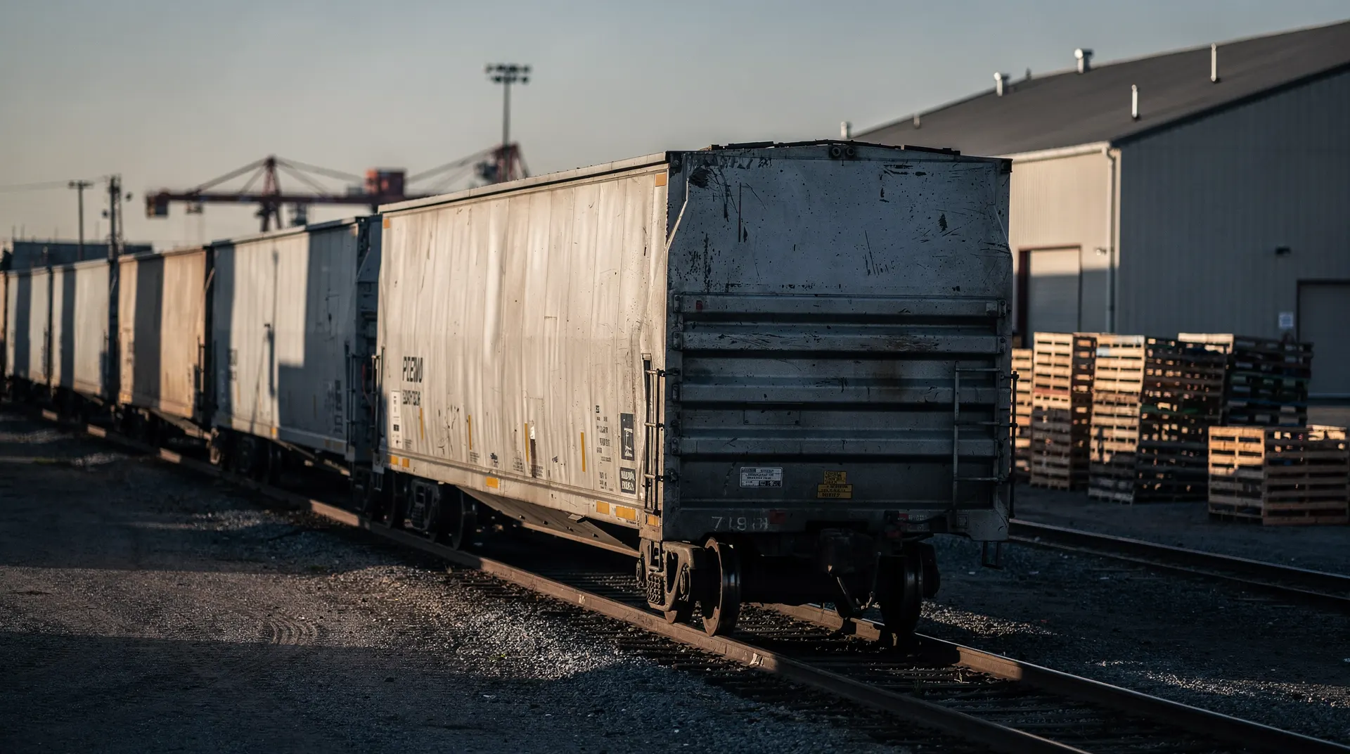 Unmarked freight railcars approach a cargo warehouse in late-day light.