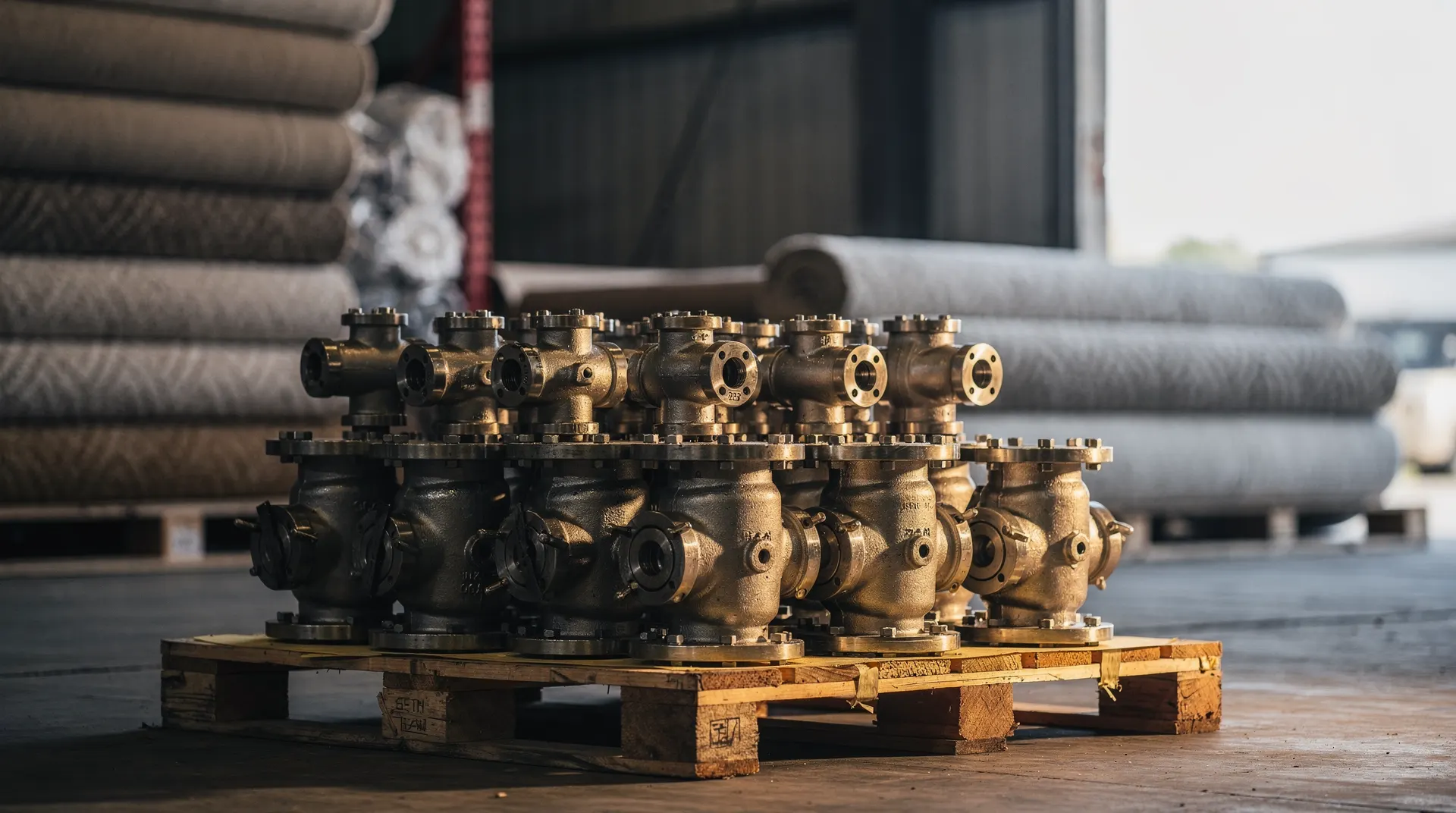 Industrial metal valves on a warehouse pallet, with rolled carpets behind them.