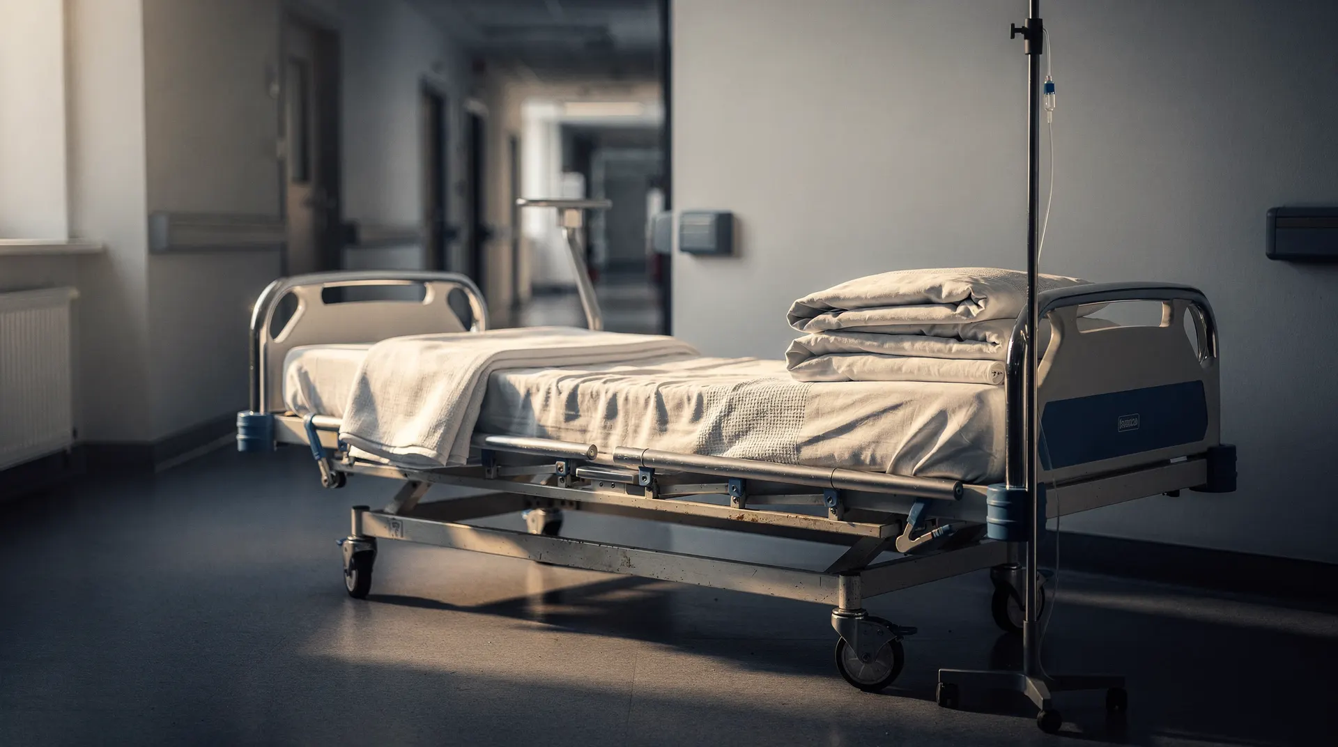 An empty hospital bed and IV pole sit in a quiet treatment room with a blurred corridor beyond.