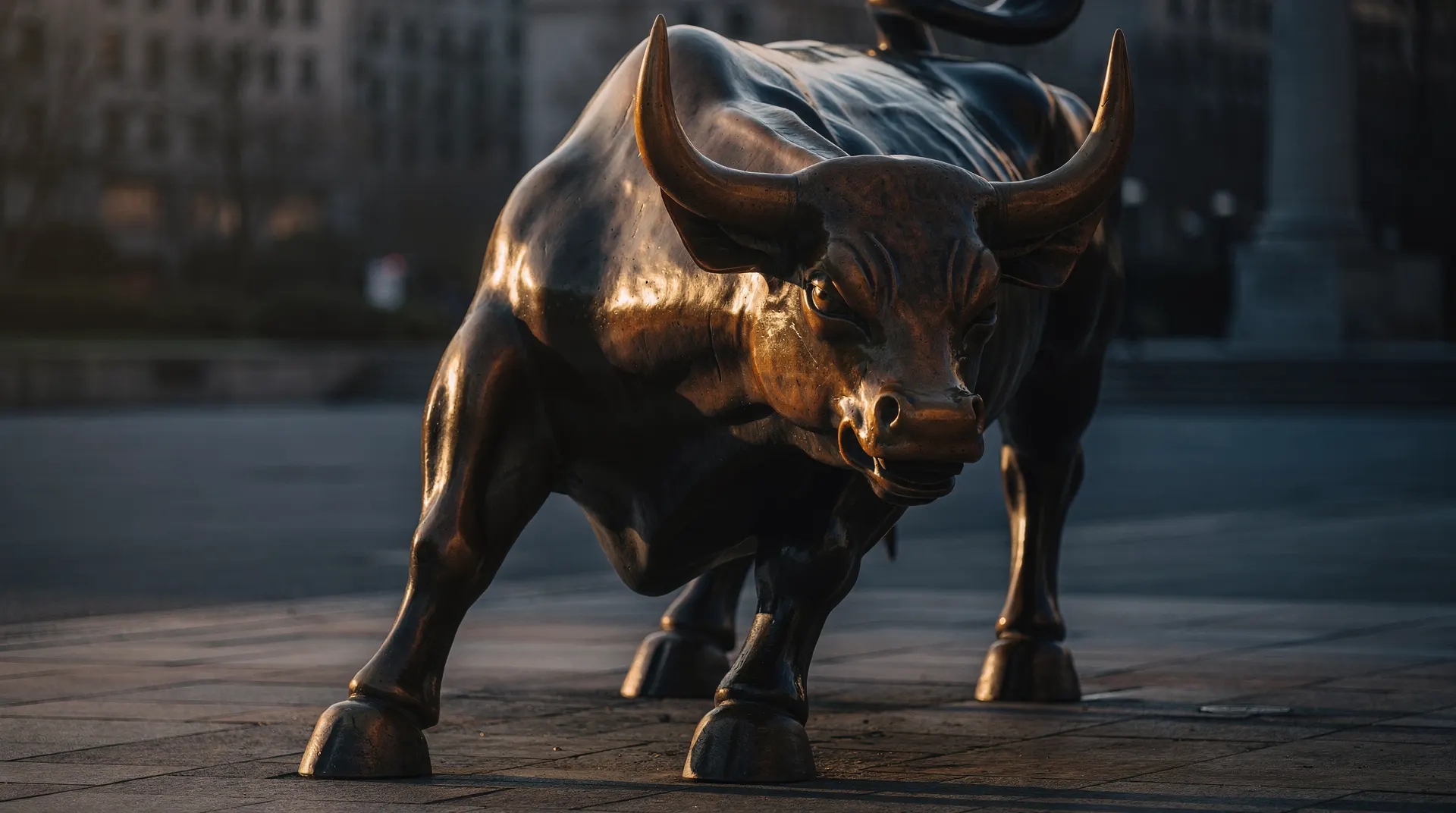 Polished bronze charging-bull statue at golden hour with dramatic side light