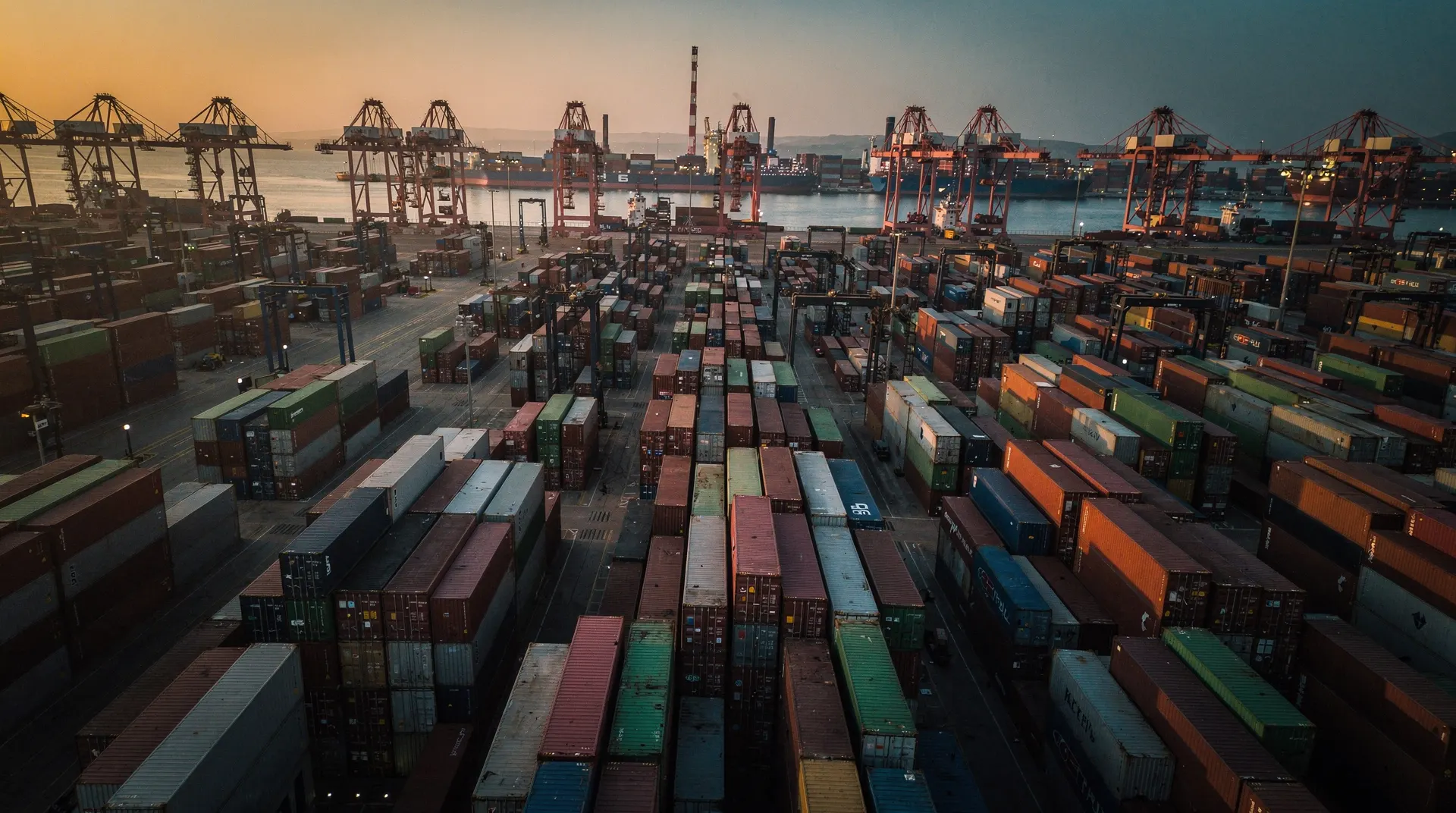Aerial view of a container terminal yard densely packed with stacked shipping containers at dusk.