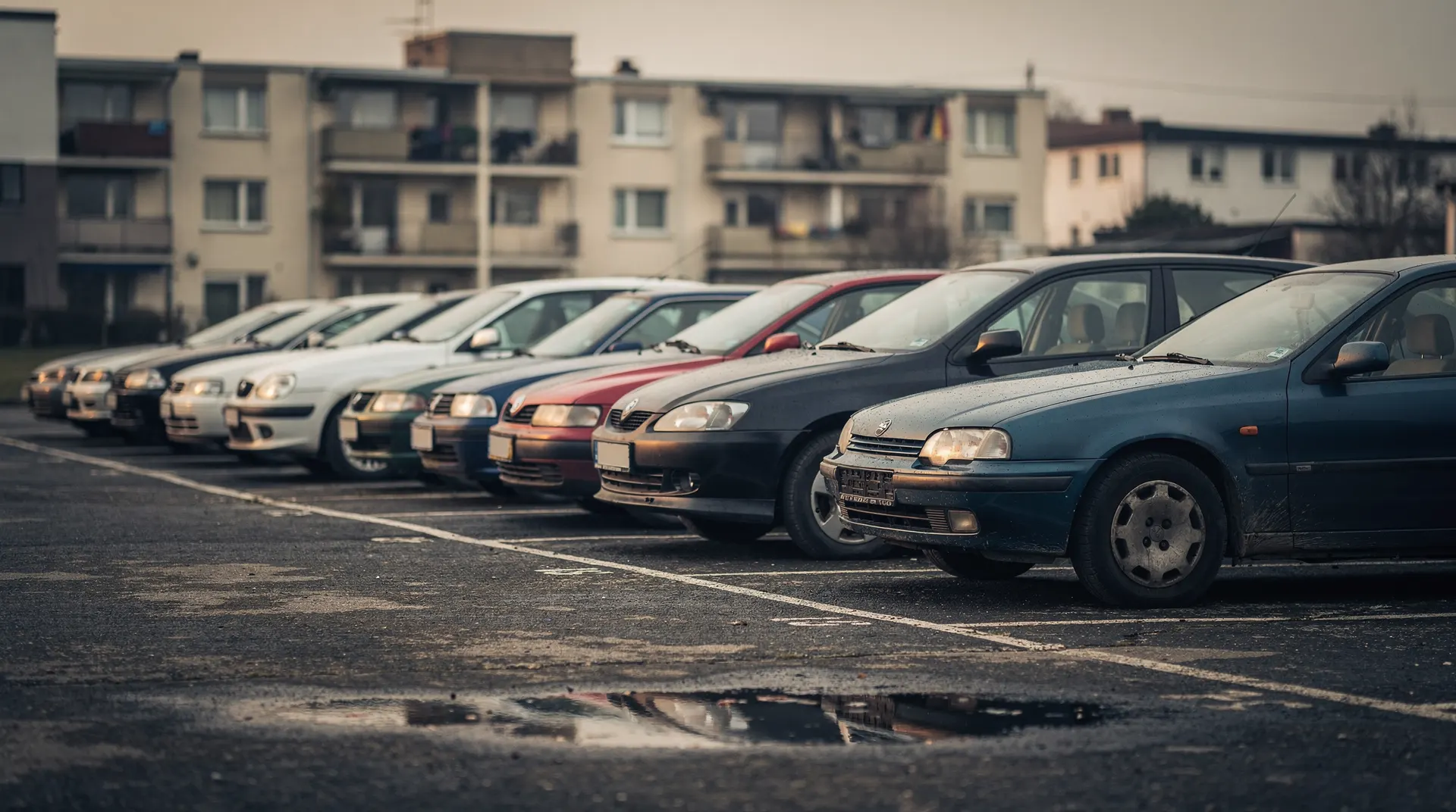 Used cars sit in an empty lot with apartment buildings behind them under an overcast sky.