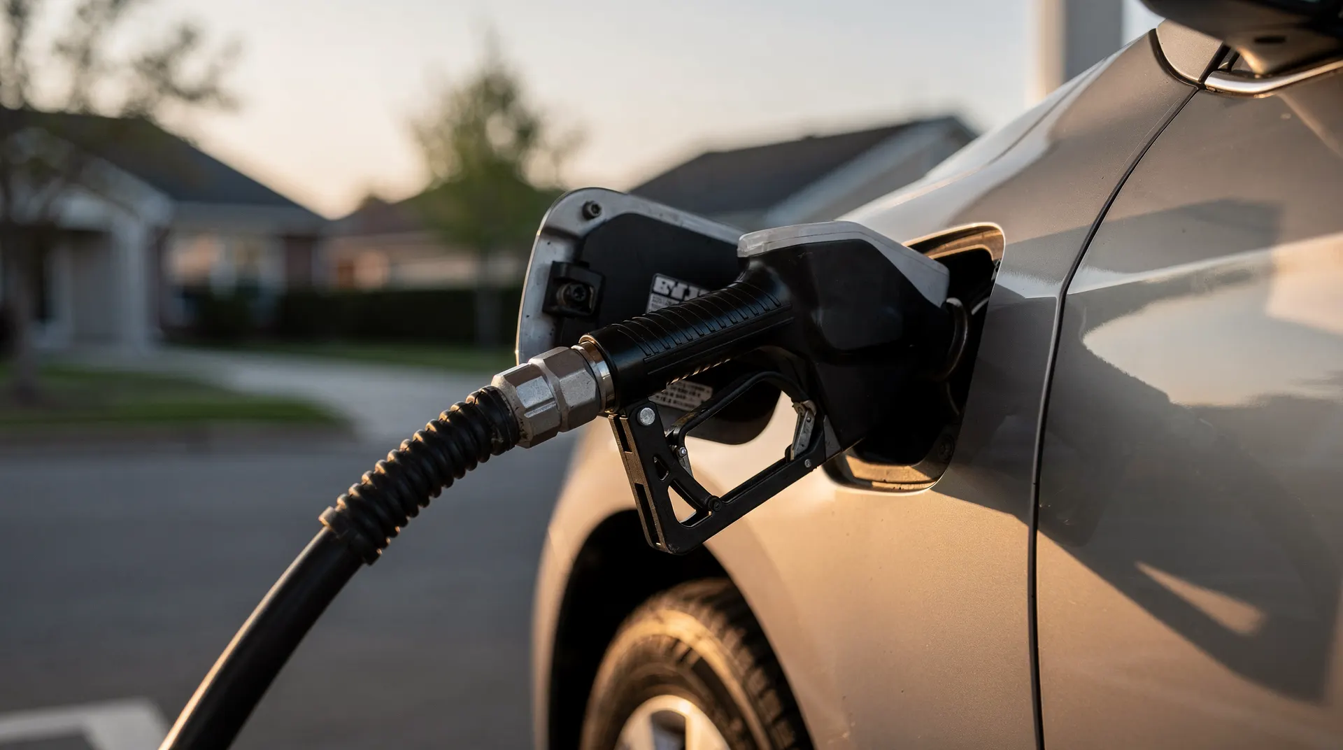 A gasoline nozzle fills a car, with suburban houses blurred across the street.