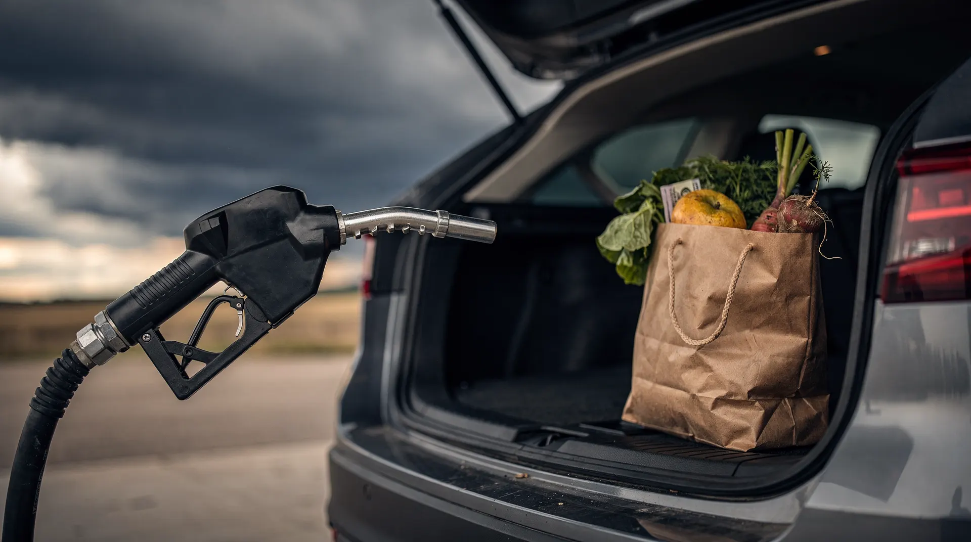 A fuel-pump nozzle sits beside a bag of groceries beneath darkening storm clouds.