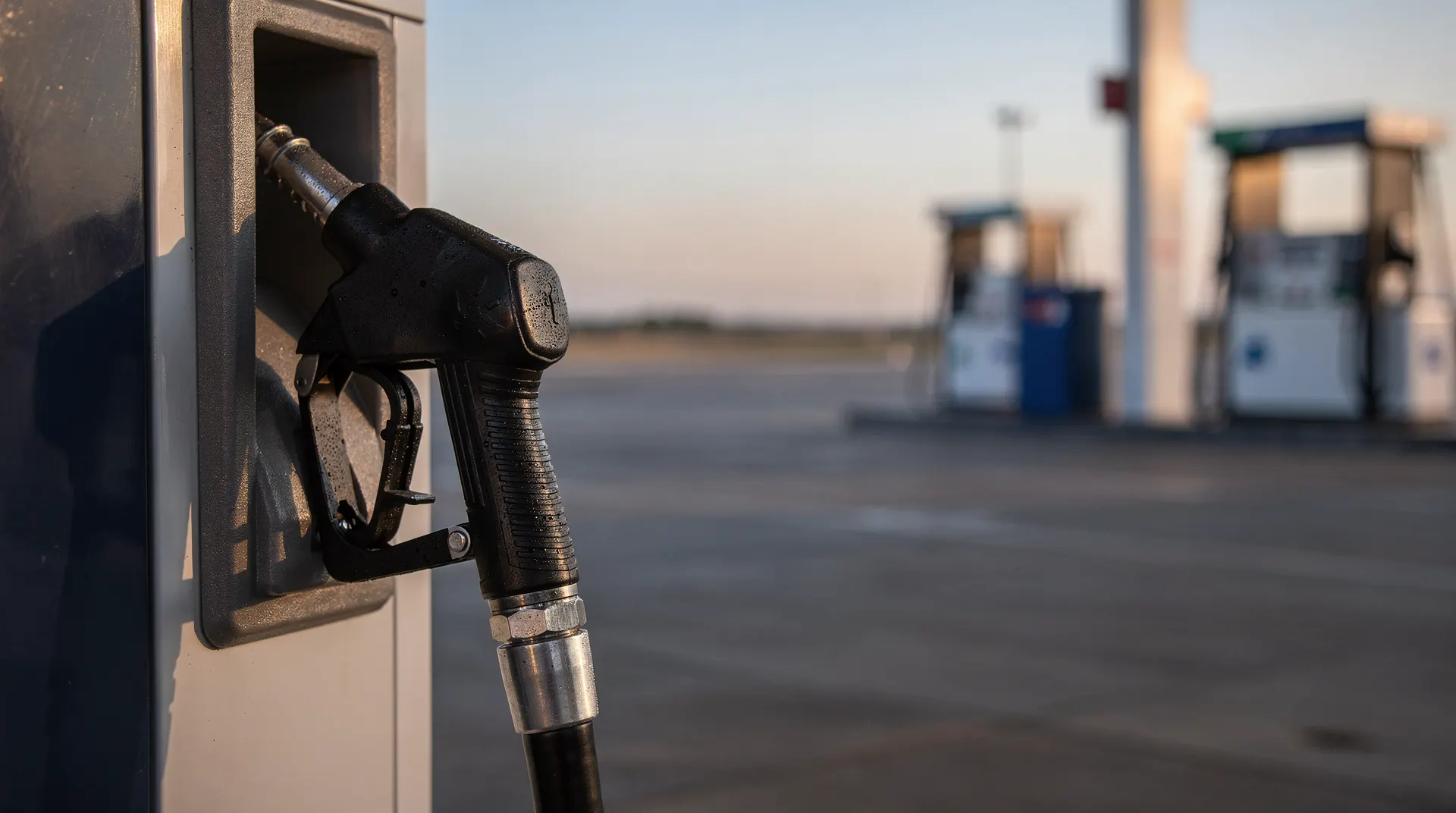 A fuel-pump nozzle sits in its holder beside an empty gas station forecourt at dawn.