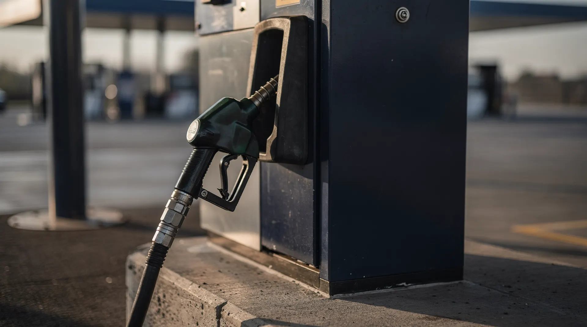 A gasoline pump nozzle rests in its cradle at an empty filling station in late-day light.