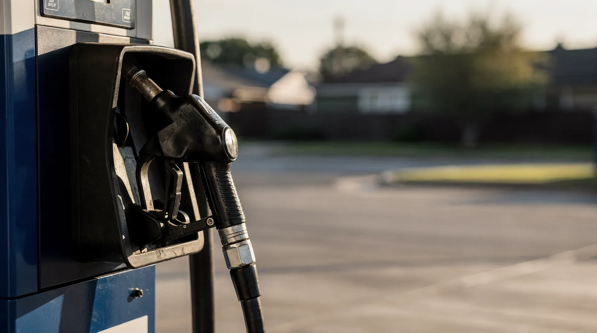 A fuel-pump nozzle sits in sharp focus with residential rooftops blurred beyond the forecourt.