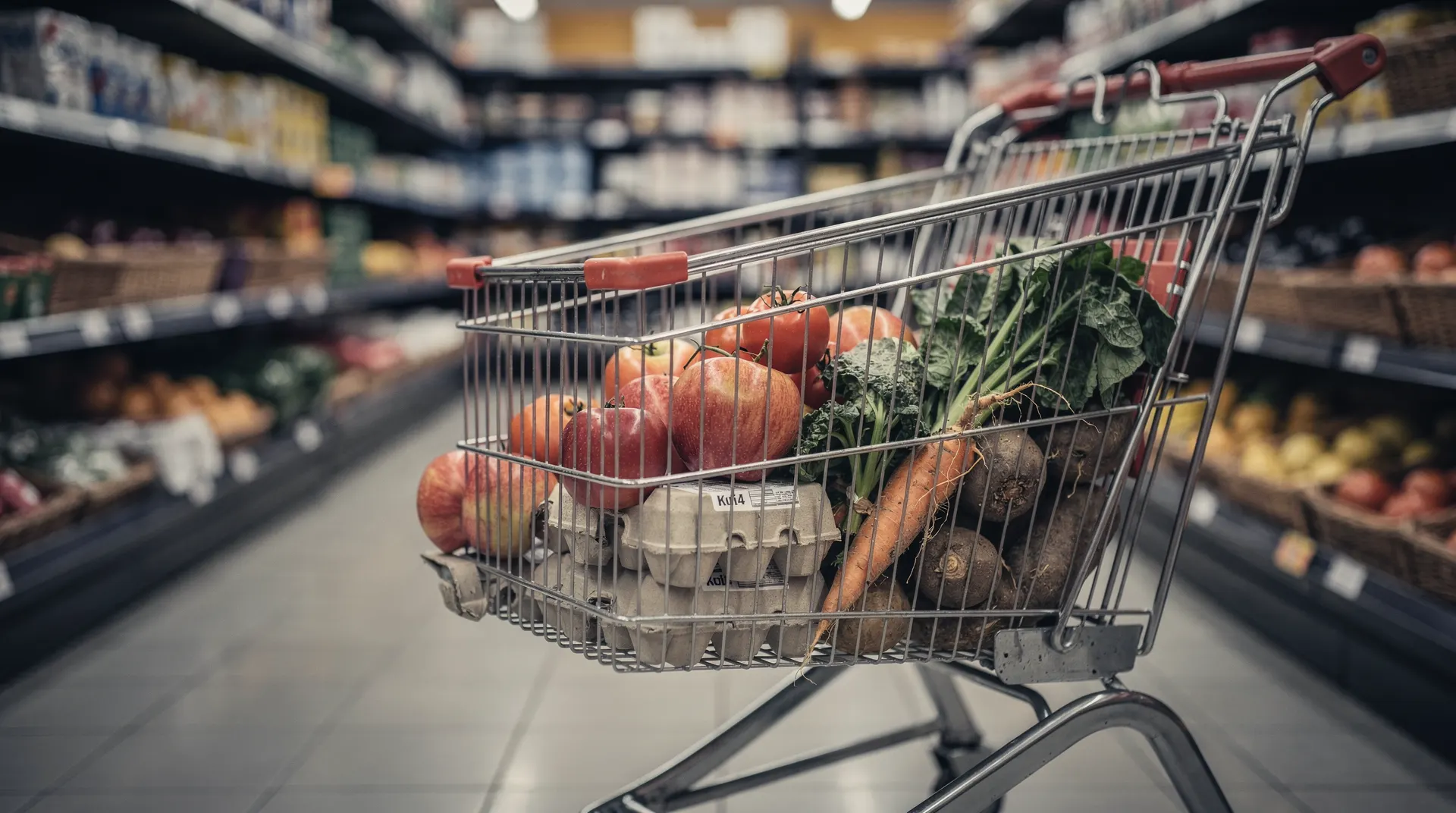 A grocery cart holding produce and an egg carton sits in a softly lit supermarket aisle.