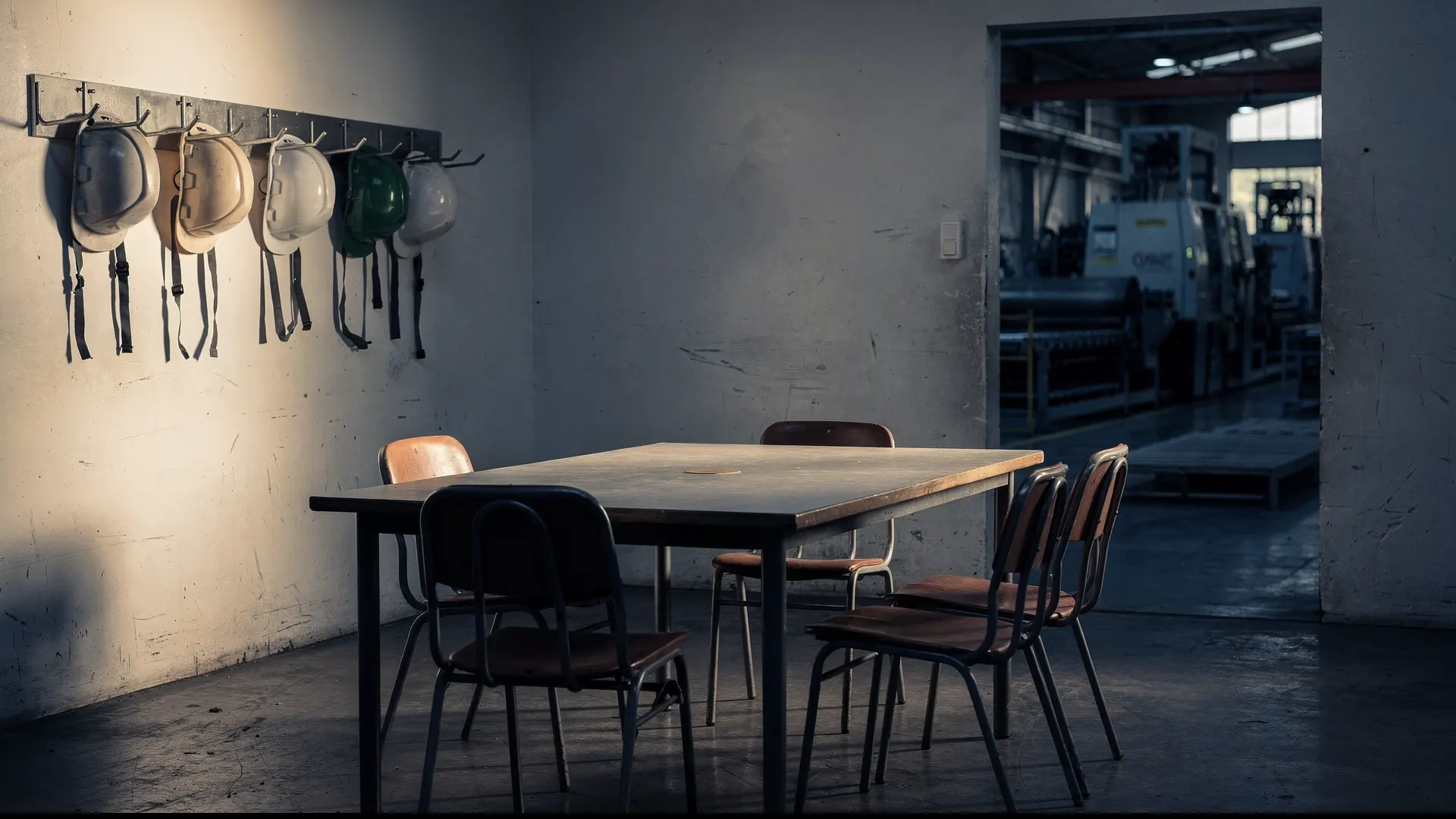 Empty factory break room with vacant chairs and unused hard hats beside a quiet production floor.