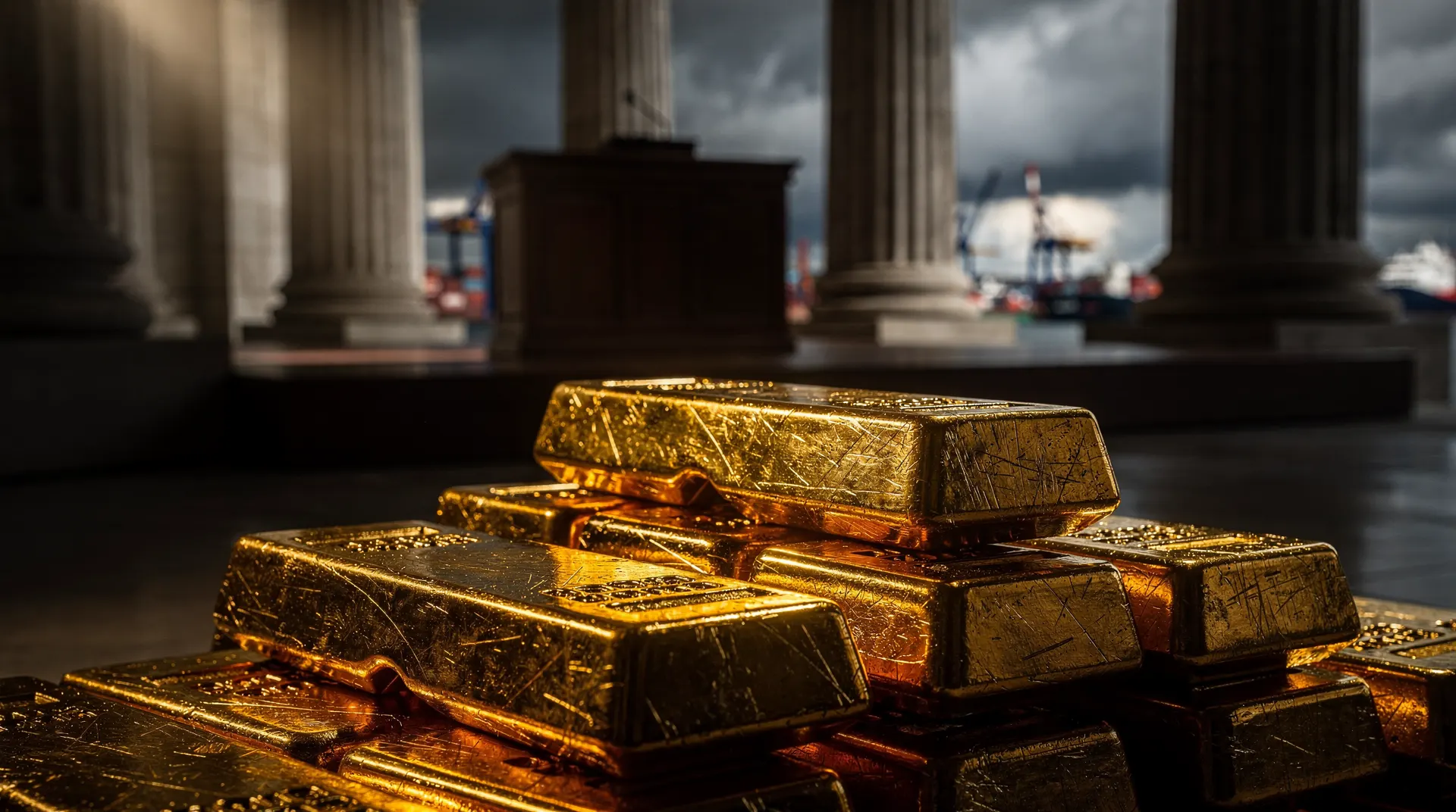 Stacked gold bars glow under dramatic light with a blurred central-bank facade and empty podium behind them.