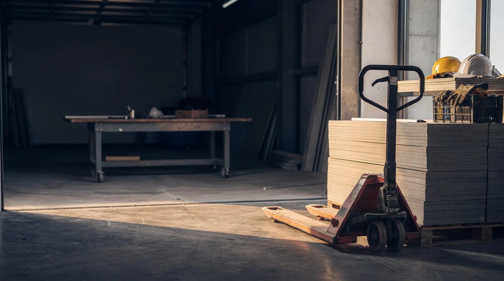 A pallet jack parked beside stacked building materials in a warehouse
