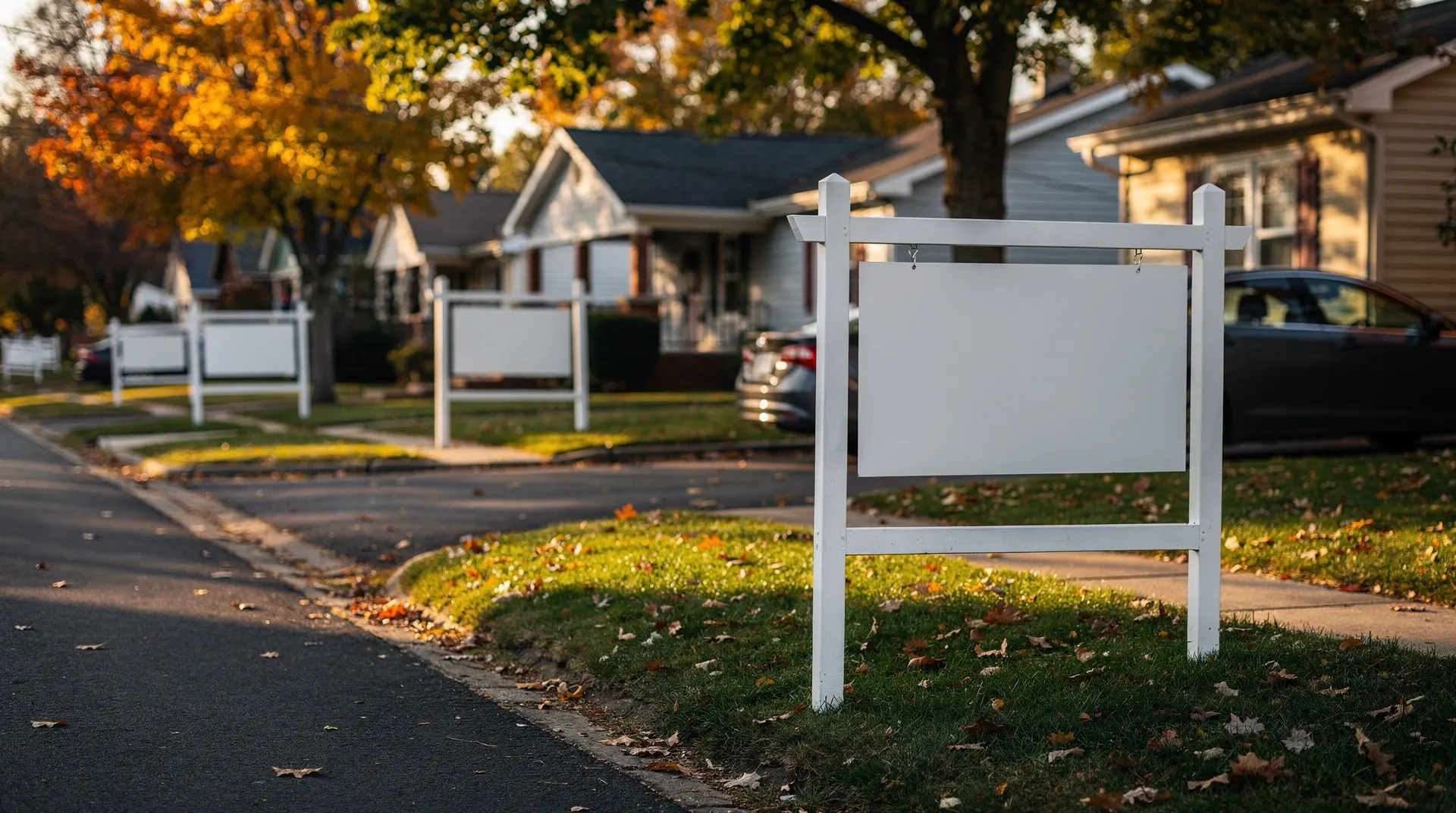 Blank for-sale signs stand outside homes along an empty suburban street in autumn light.