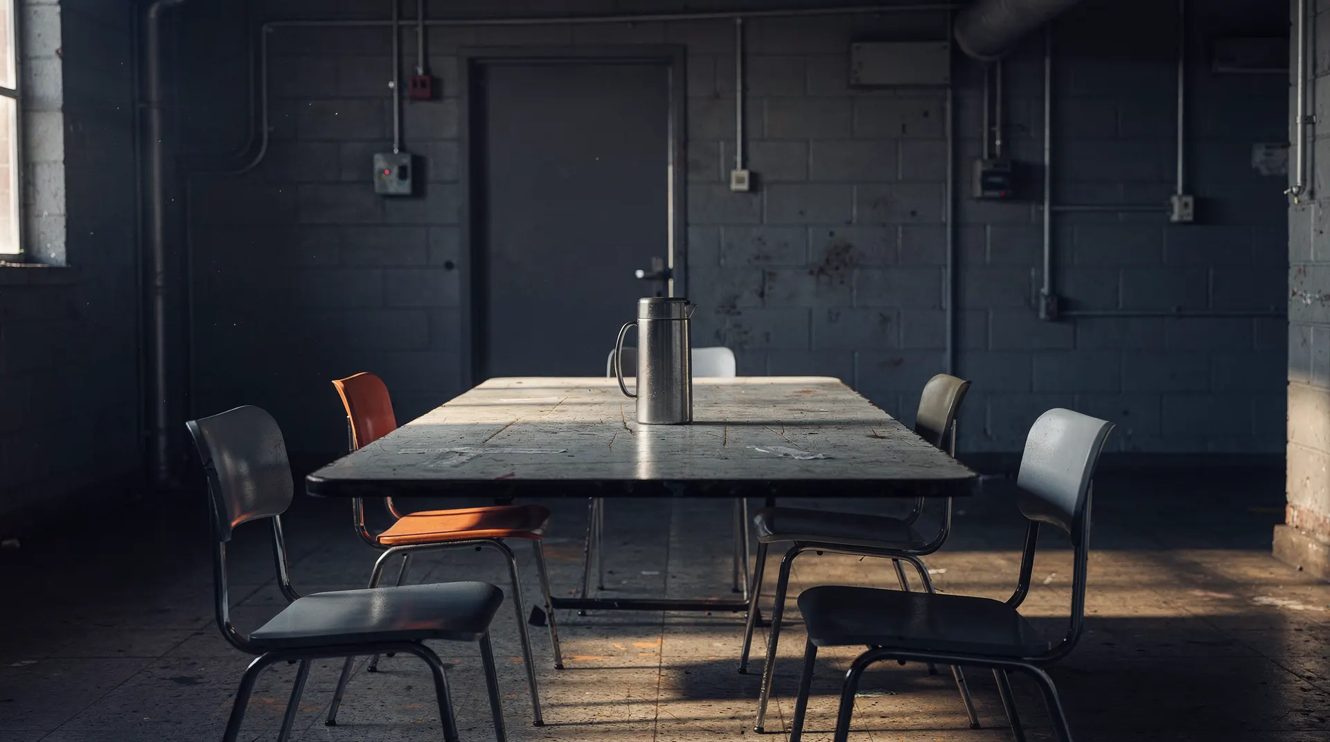 An empty factory break room with plain chairs and a thermos on a table.