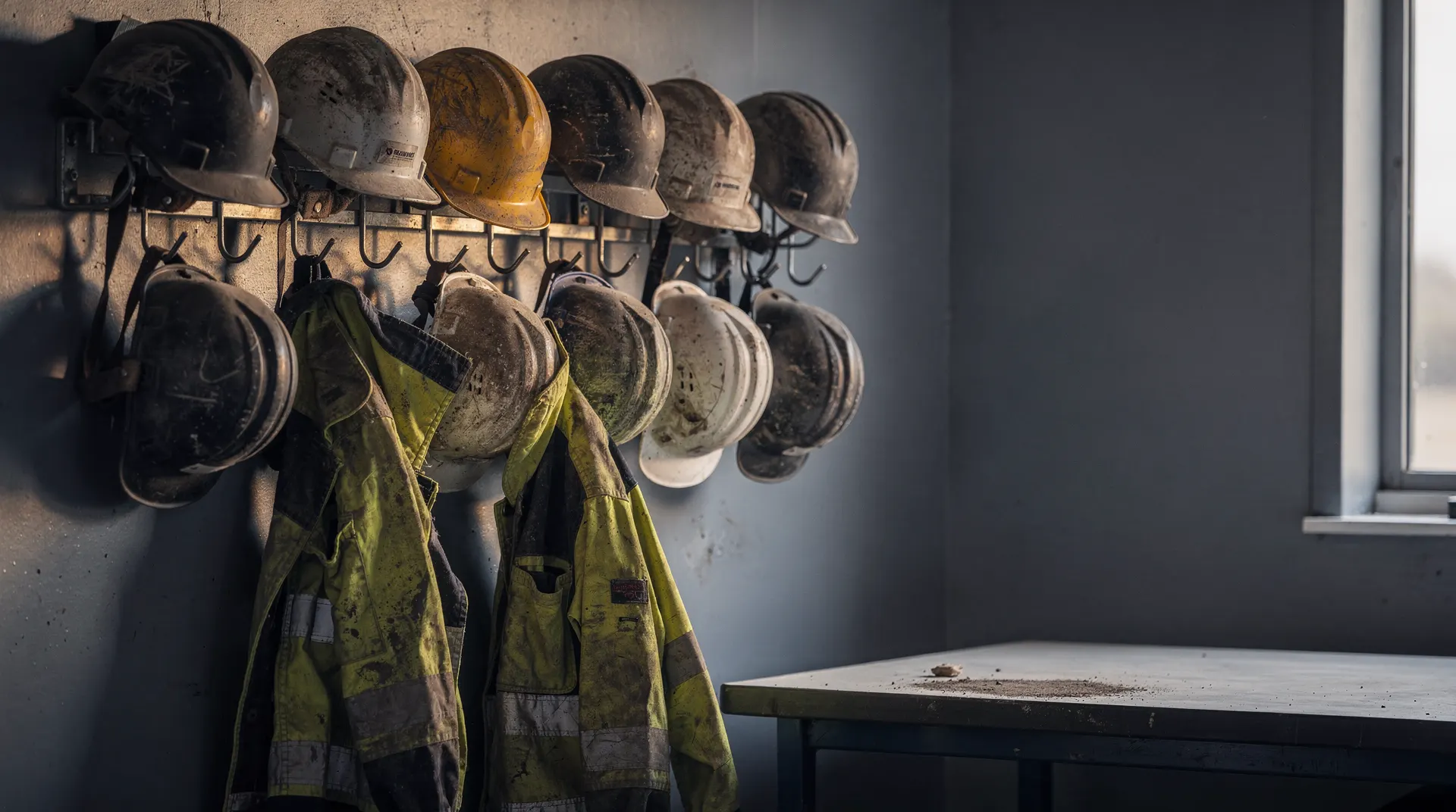 Hard hats hang beside empty hooks in a quiet construction-site break room.