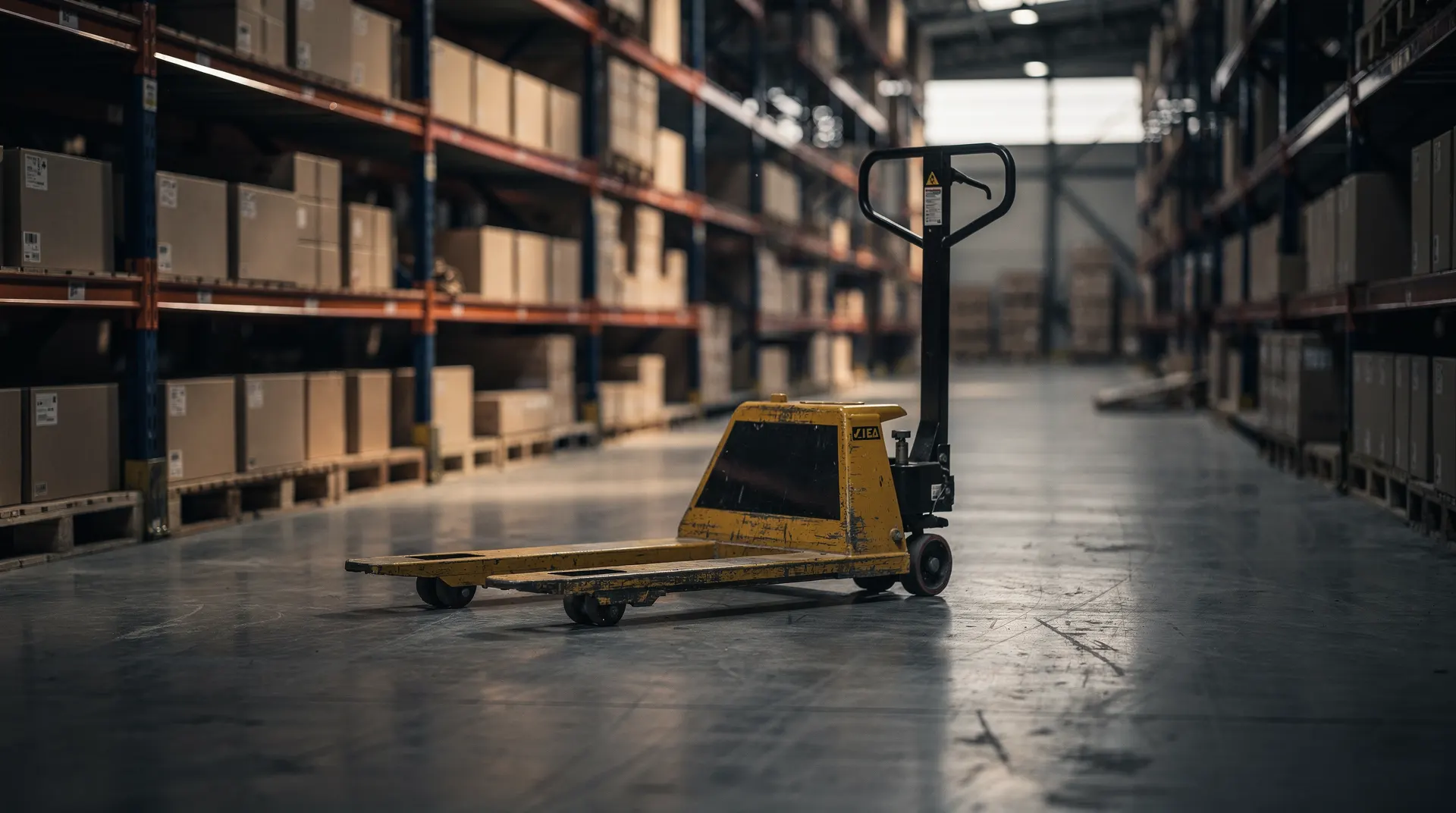 A pallet jack rests in a quiet warehouse aisle lined with shelves of unmarked cartons.