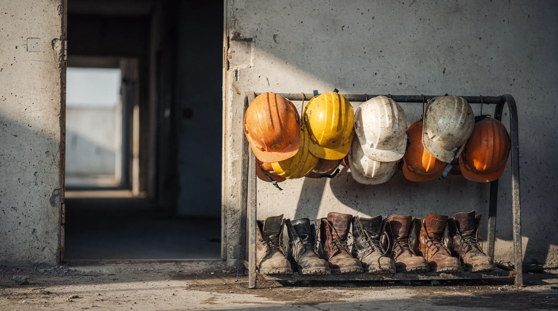 Hard hats hang at a construction-site entrance, with work boots below and an empty corridor beyond.