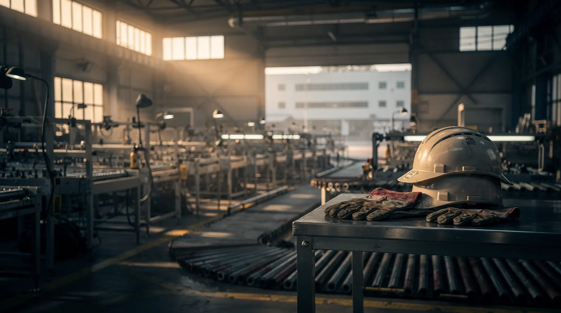 Sunlit factory floor with empty assembly-line stations and a hazy government building silhouette in the distance.