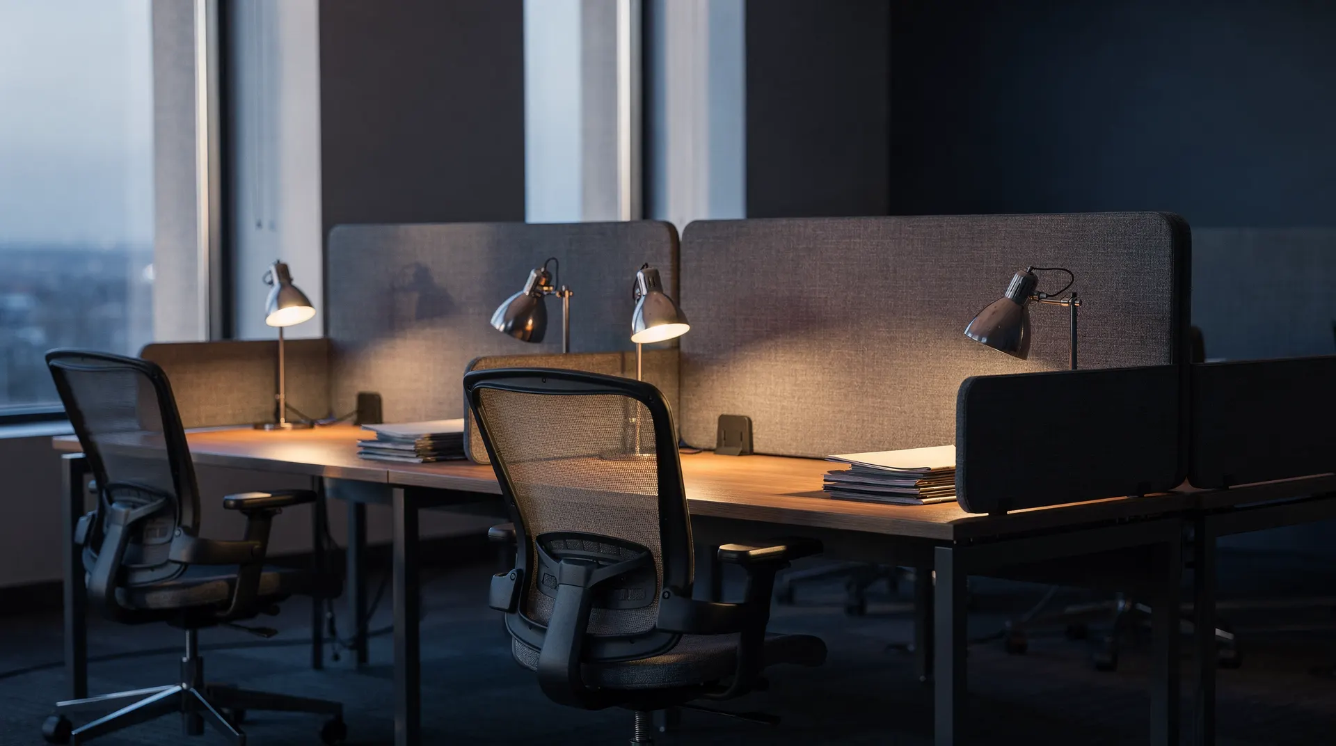 Unoccupied desks and neatly tucked-in chairs in a quiet office lit by morning light.