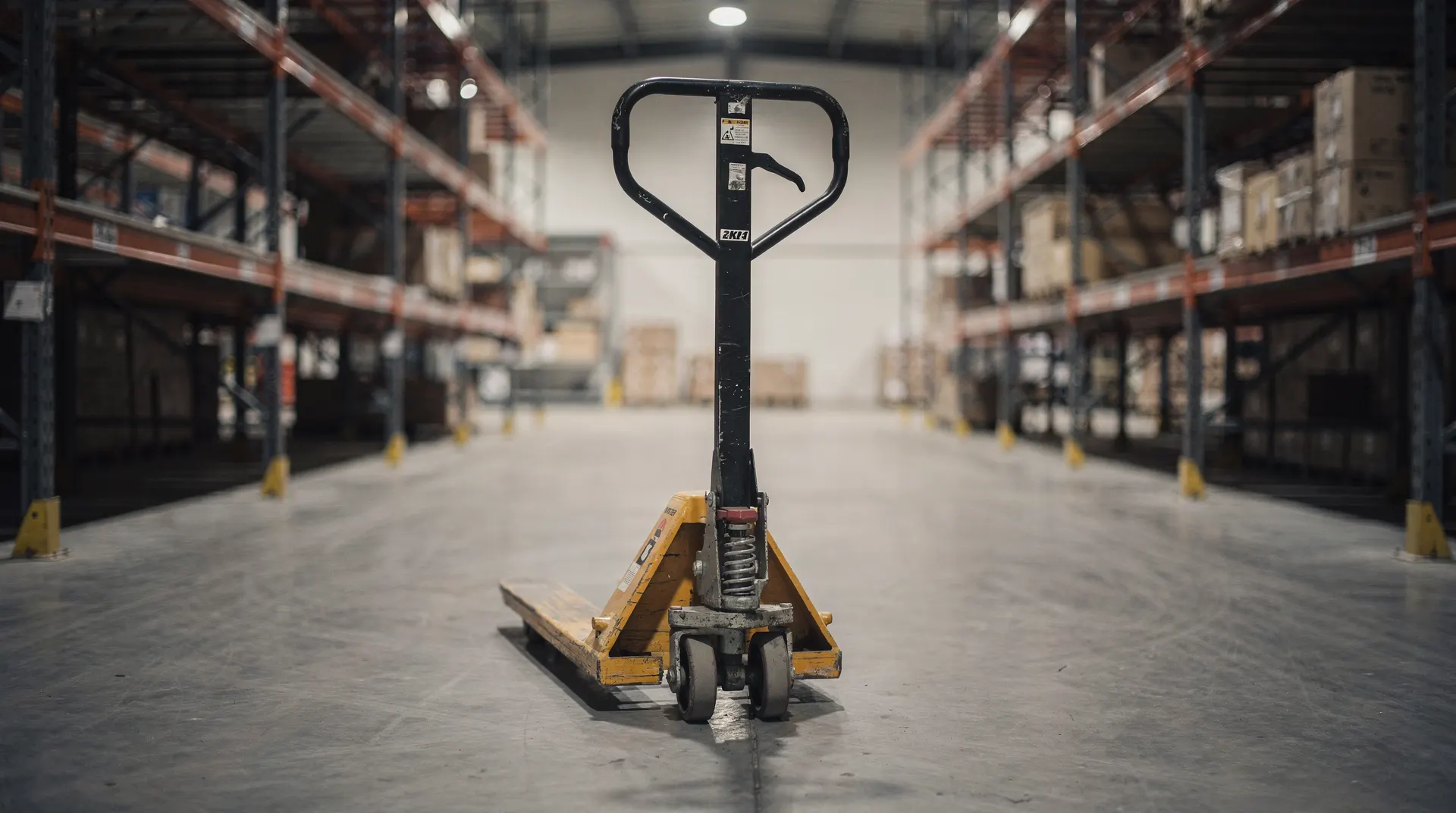 A lone pallet jack sits in a quiet warehouse aisle beneath industrial lights.