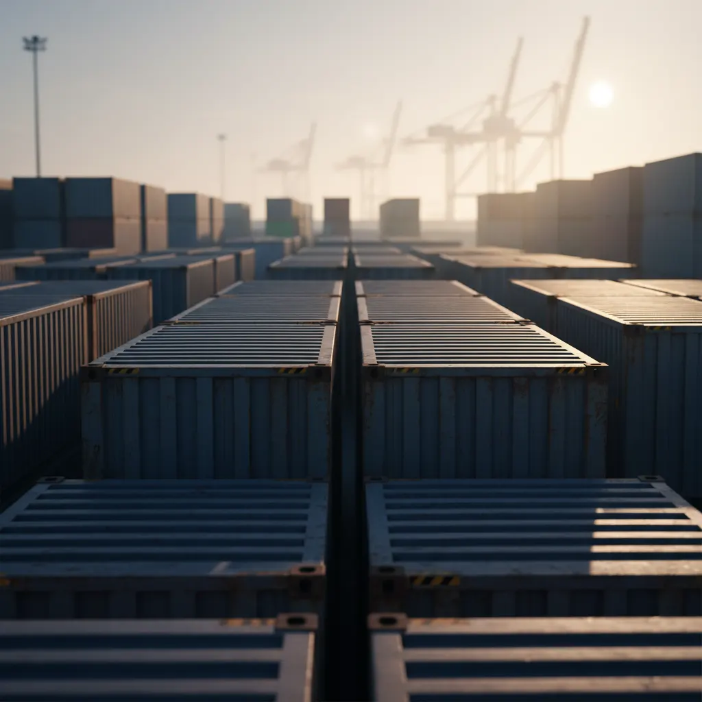 Stacked shipping containers at dawn in an industrial yard