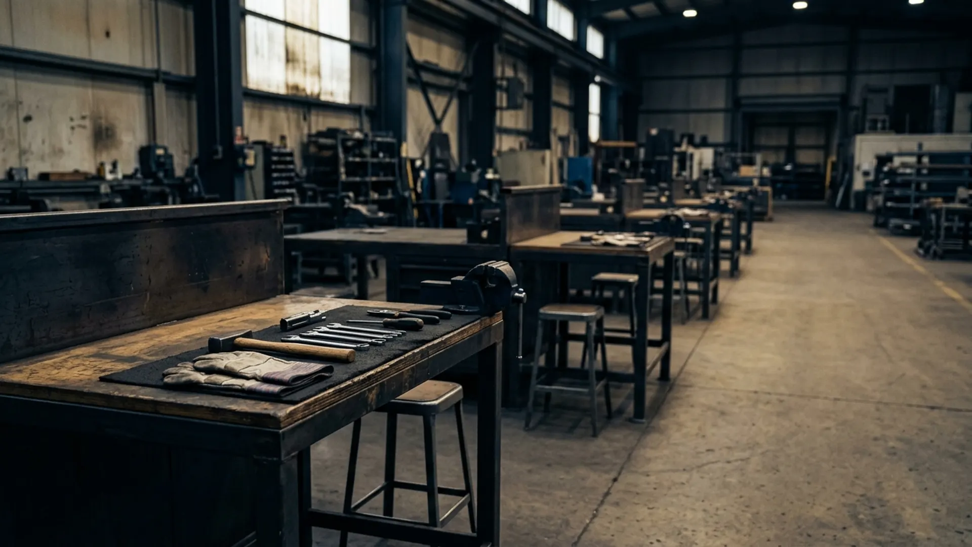 Quiet factory workstations with gloves and tools ready for a shift under warm overhead lights.