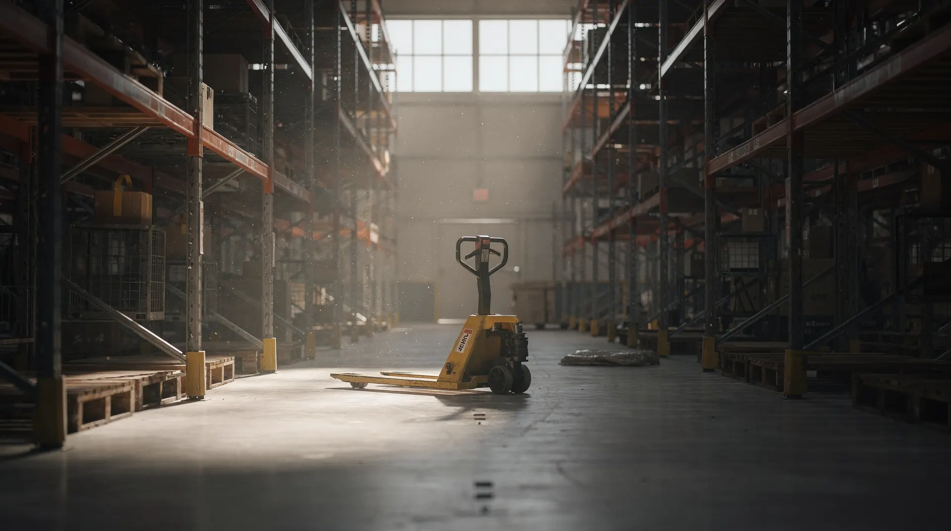 An empty warehouse aisle with a parked pallet jack and shelves