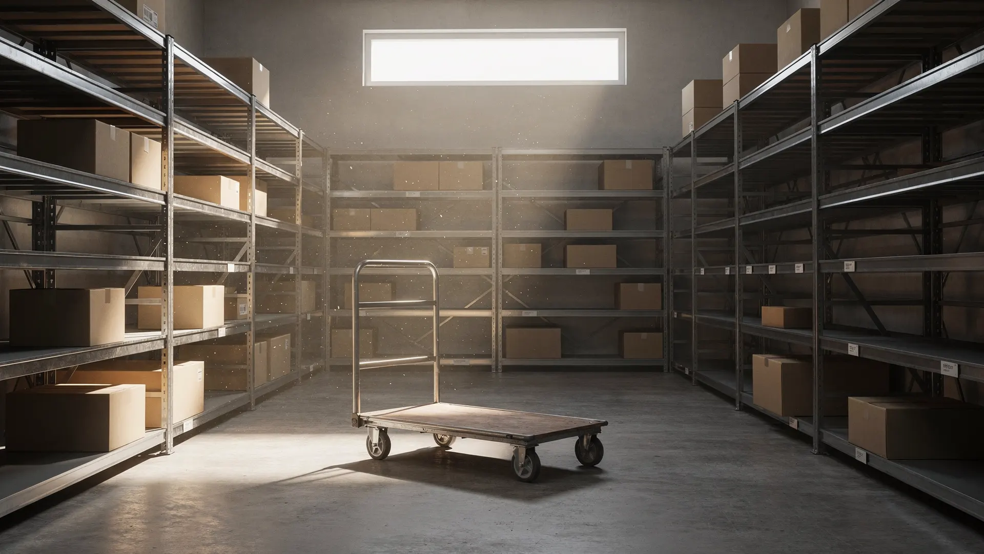 Mostly empty retail stockroom shelves beside a few boxes and an idle stock cart.